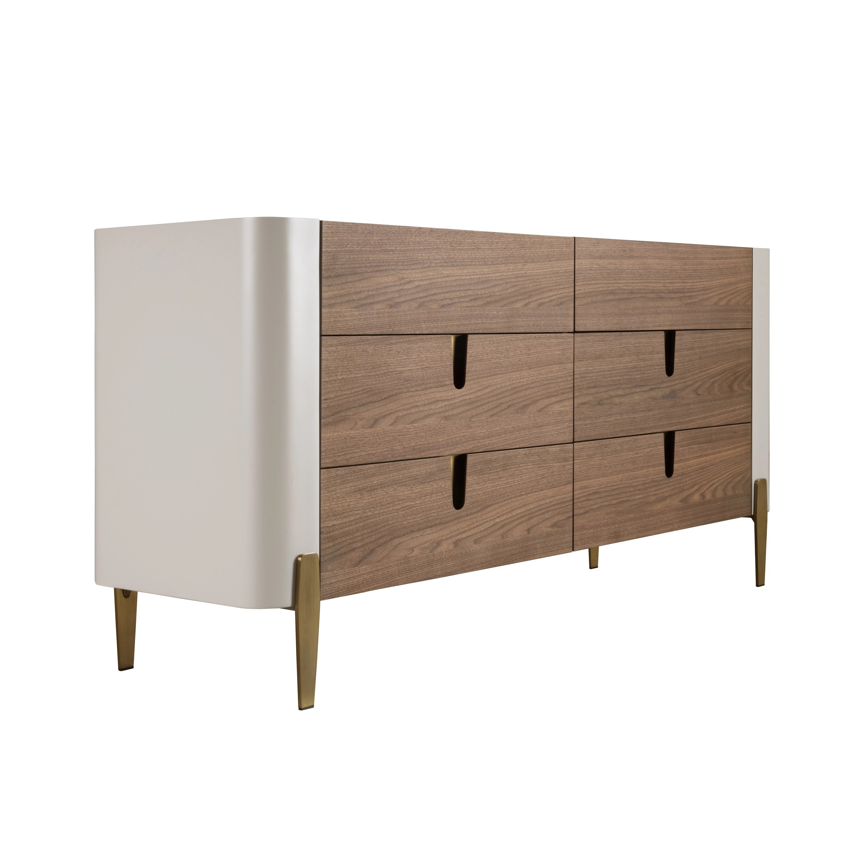 Commode en bois beige, acier poli doré et plateau en noyer