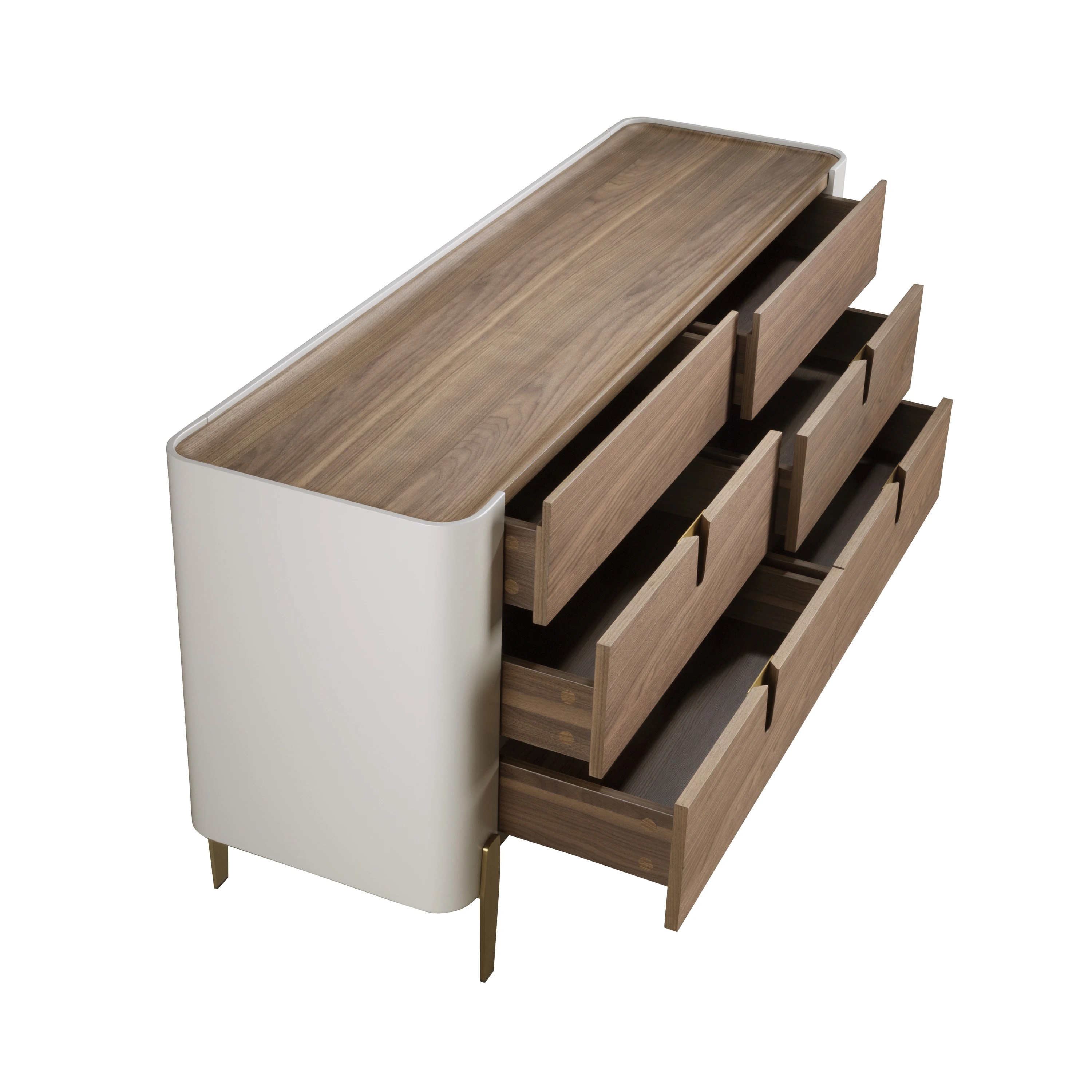 Commode en bois beige, acier poli doré et plateau en noyer