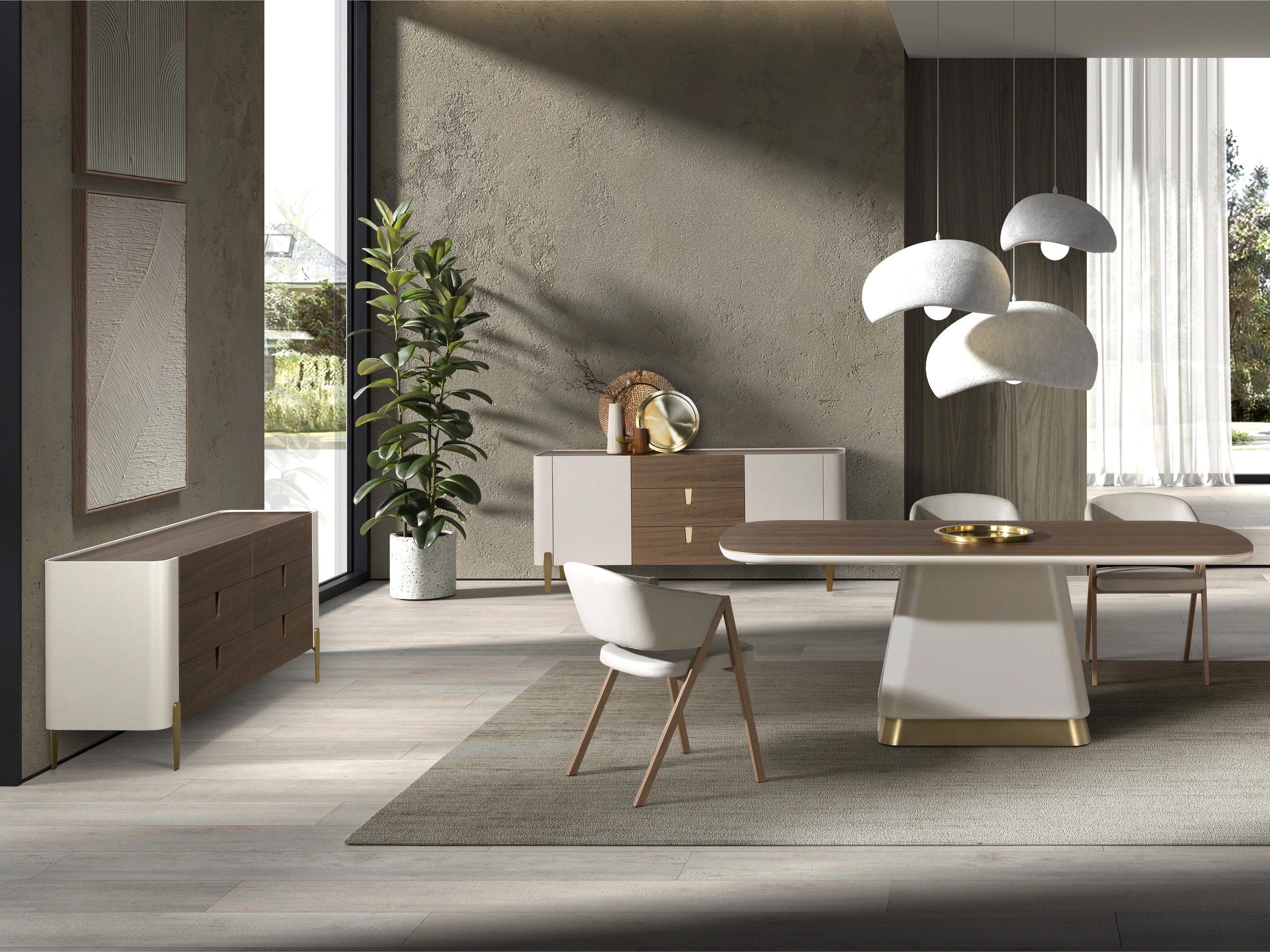 Commode en bois beige, acier poli doré et plateau en noyer