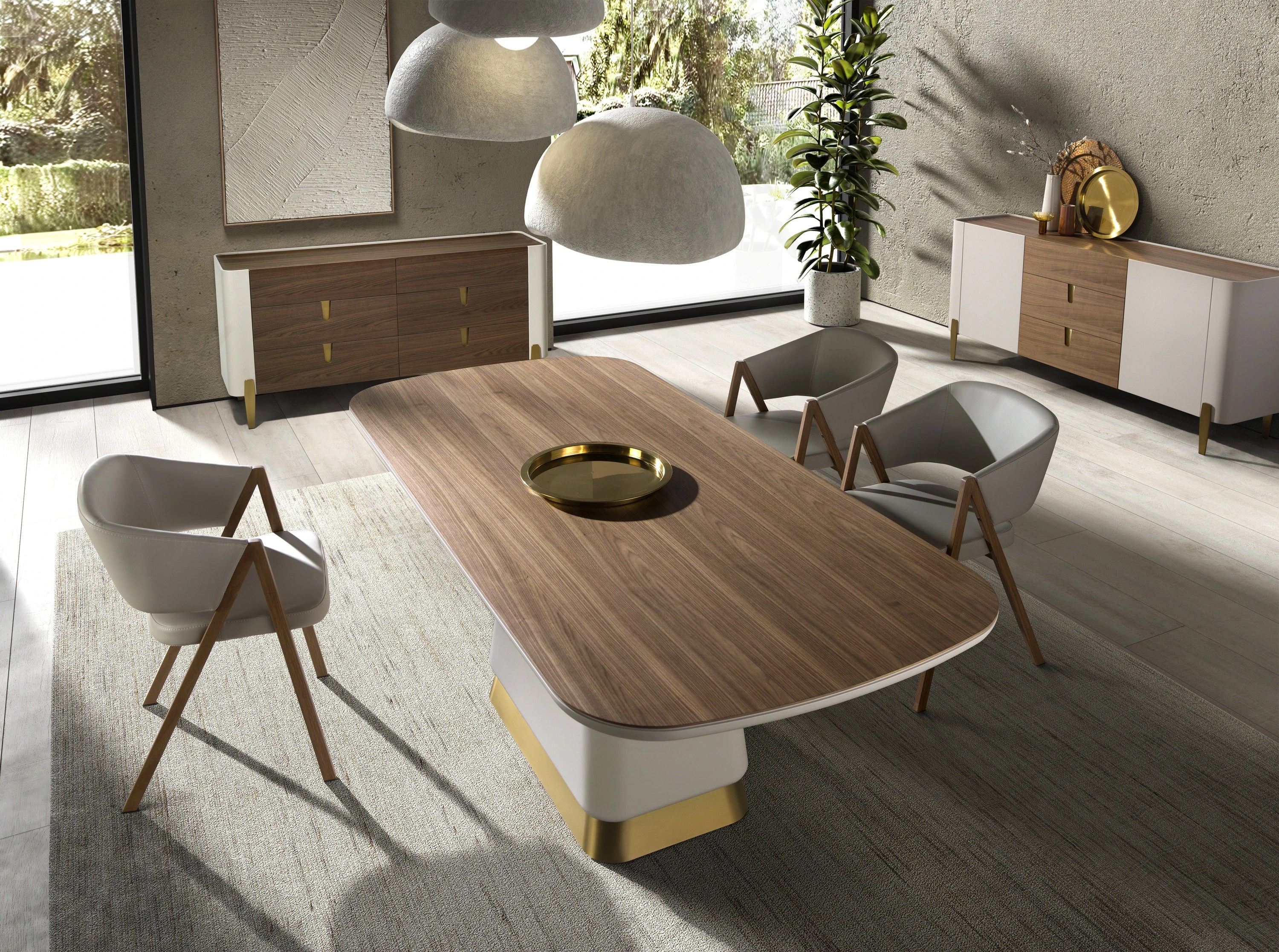 Commode en bois beige, acier poli doré et plateau en noyer
