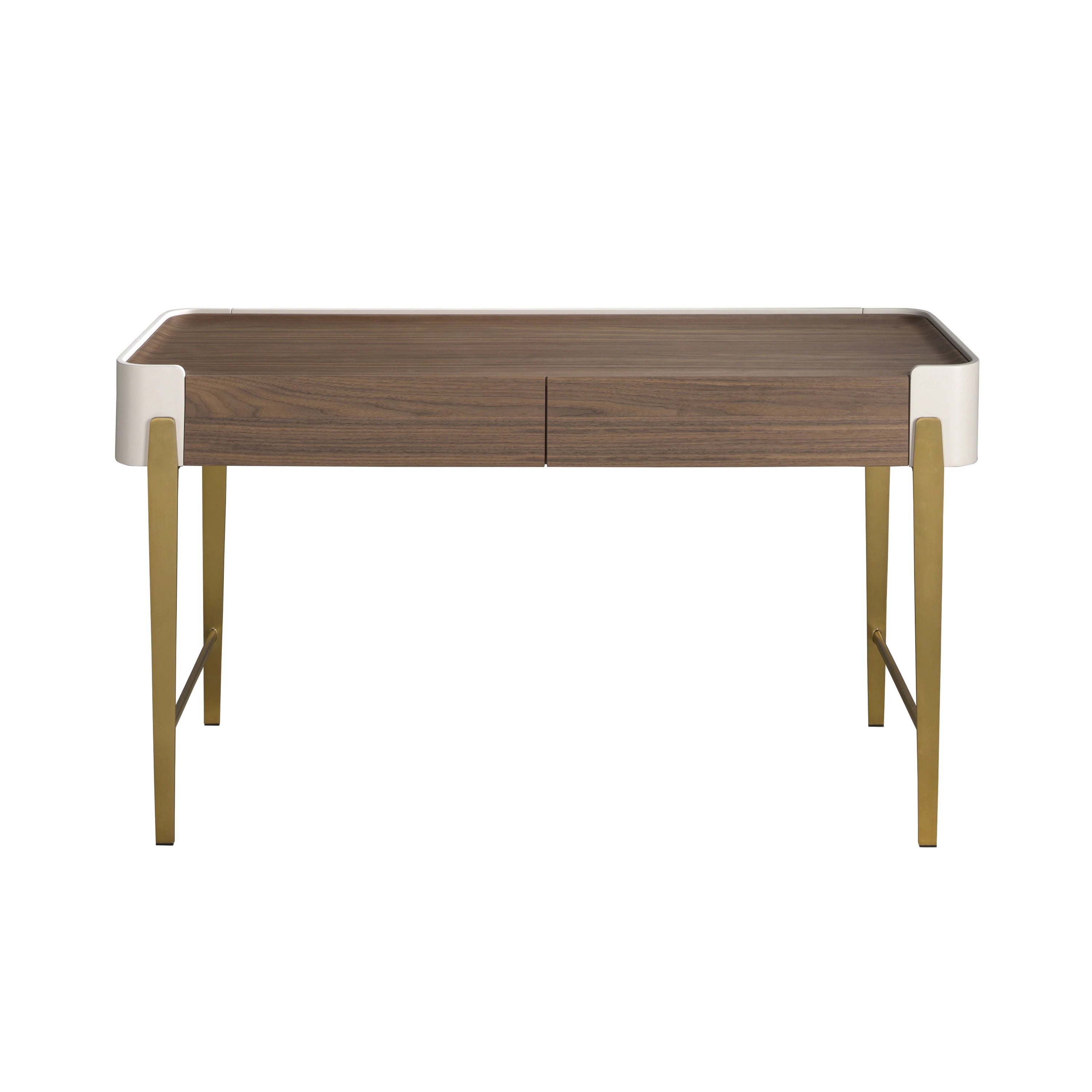 Bureau en noyer, beige et acier poli doré