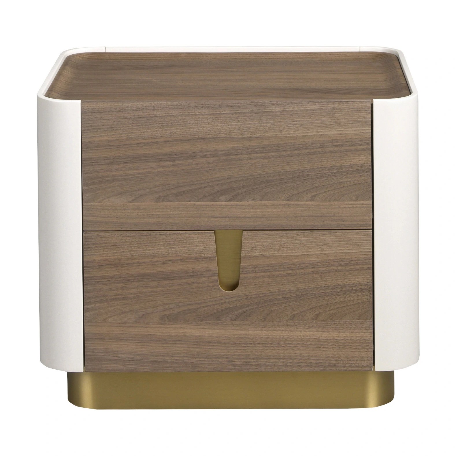 Table de chevet noyer, beige, acier poli doré et plateau en noyer