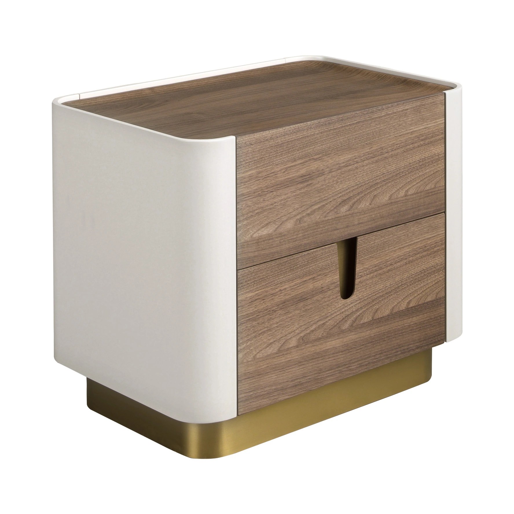 Table de chevet noyer, beige, acier poli doré et plateau en noyer