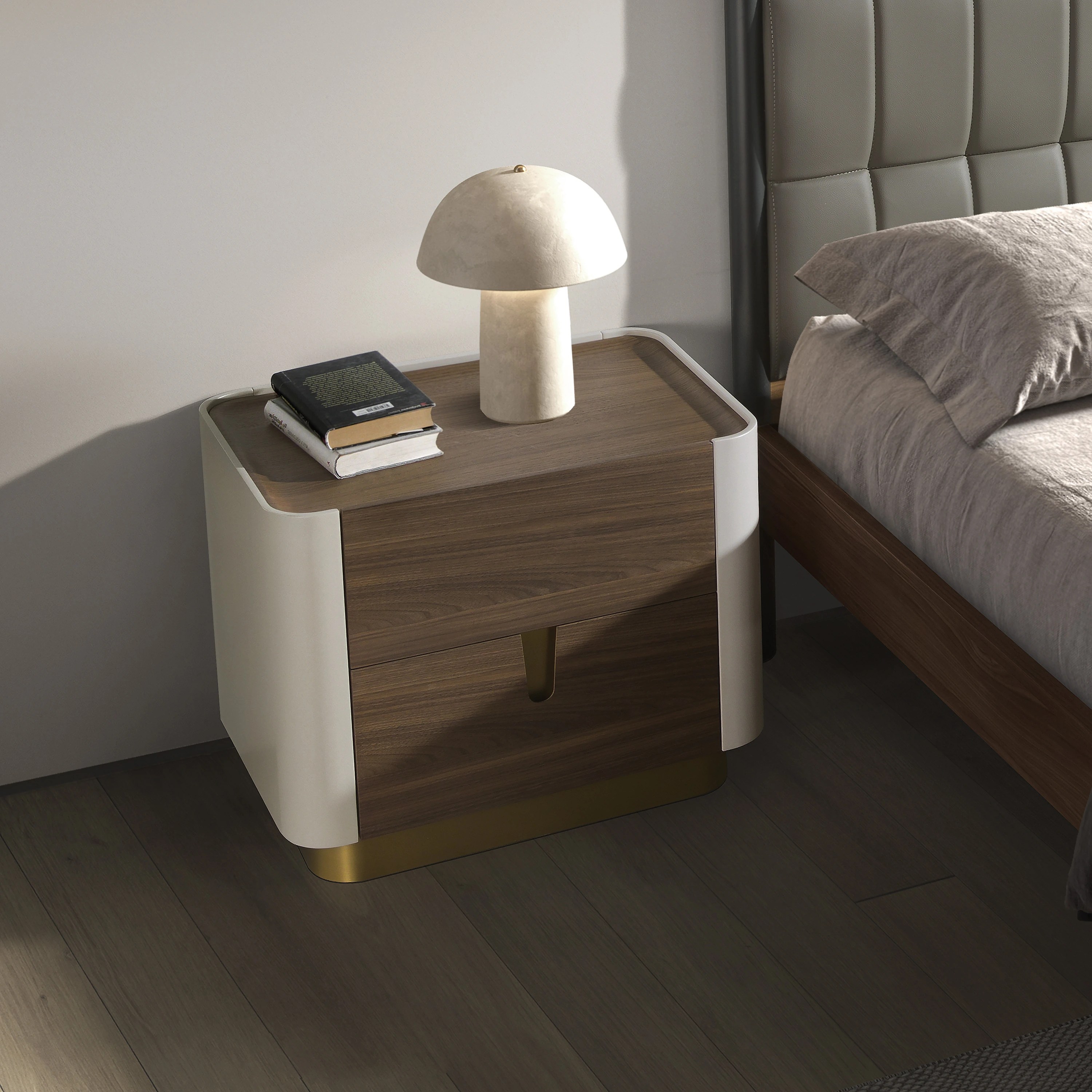 Table de chevet noyer, beige, acier poli doré et plateau en noyer