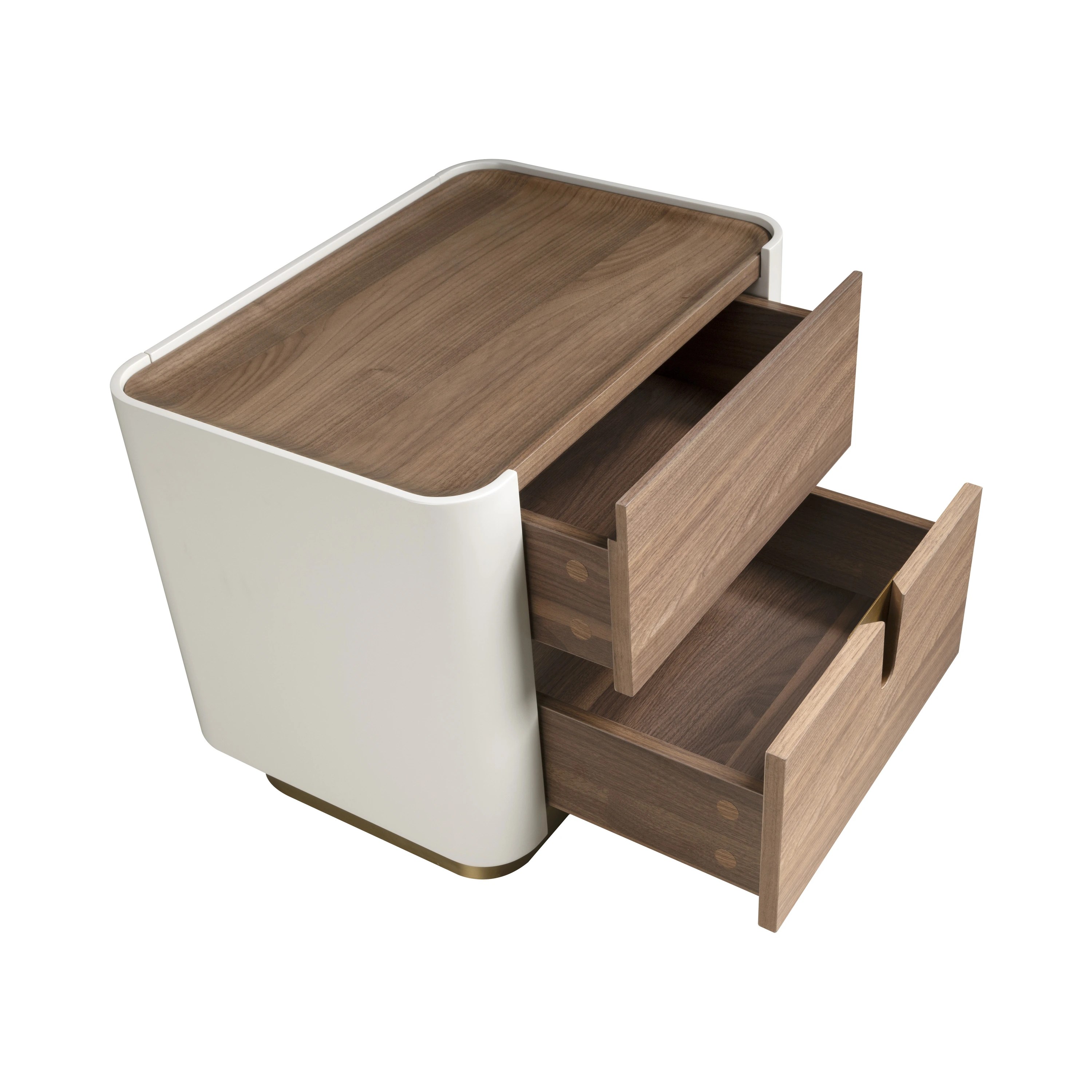 Table de chevet noyer, beige, acier poli doré et plateau en noyer