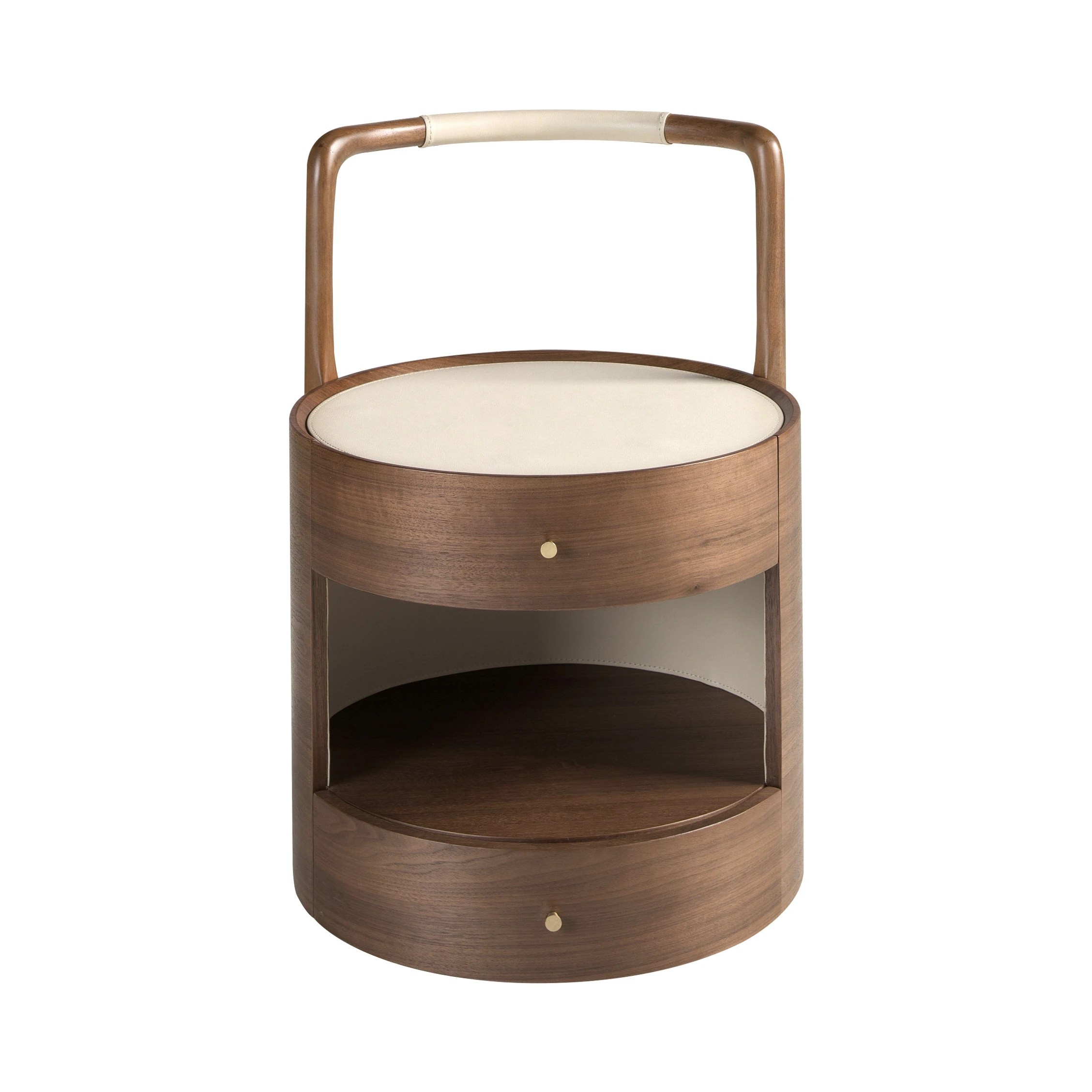 Table de chevet en noyer avec plateau en cuir couleur crème