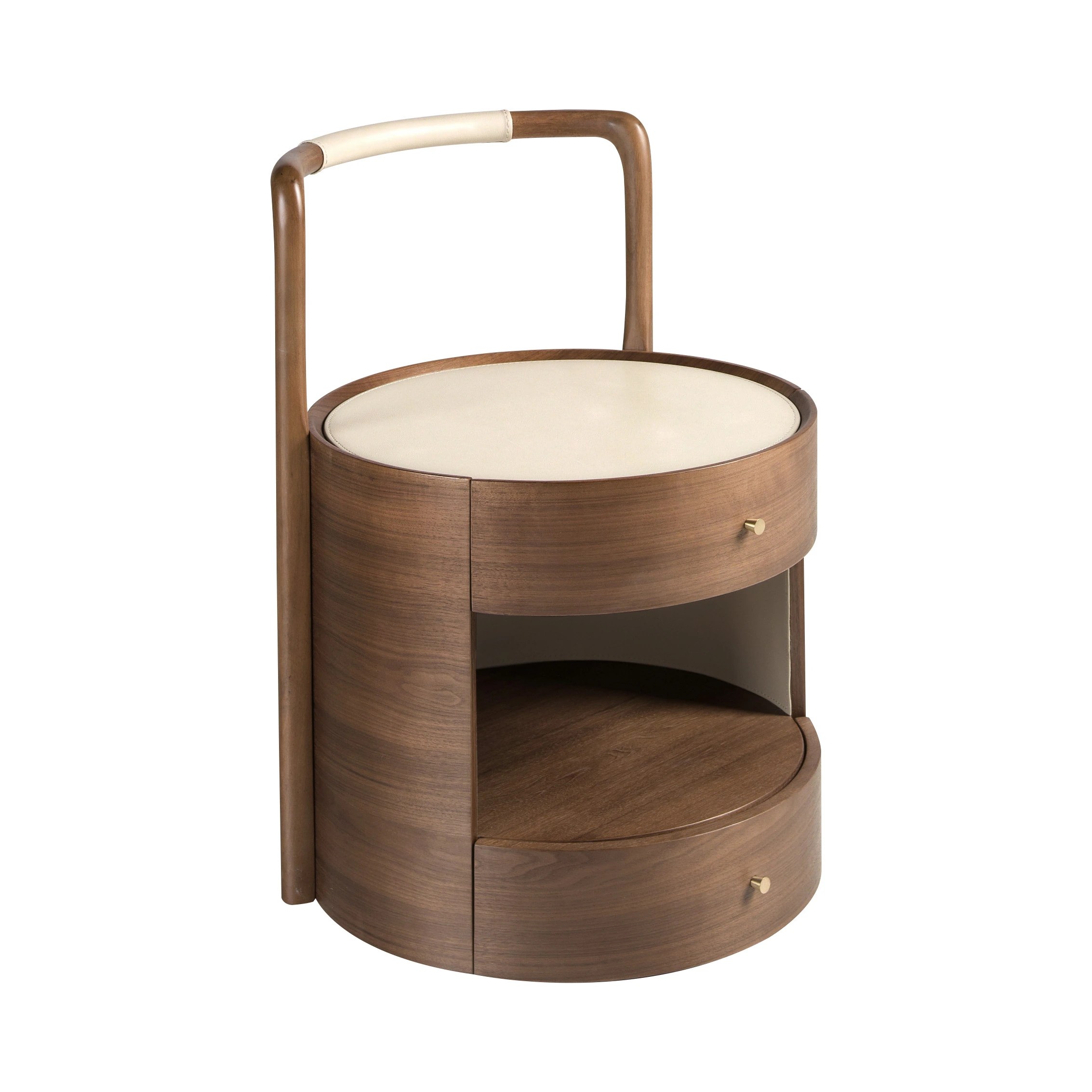 Table de chevet en noyer avec plateau en cuir couleur crème