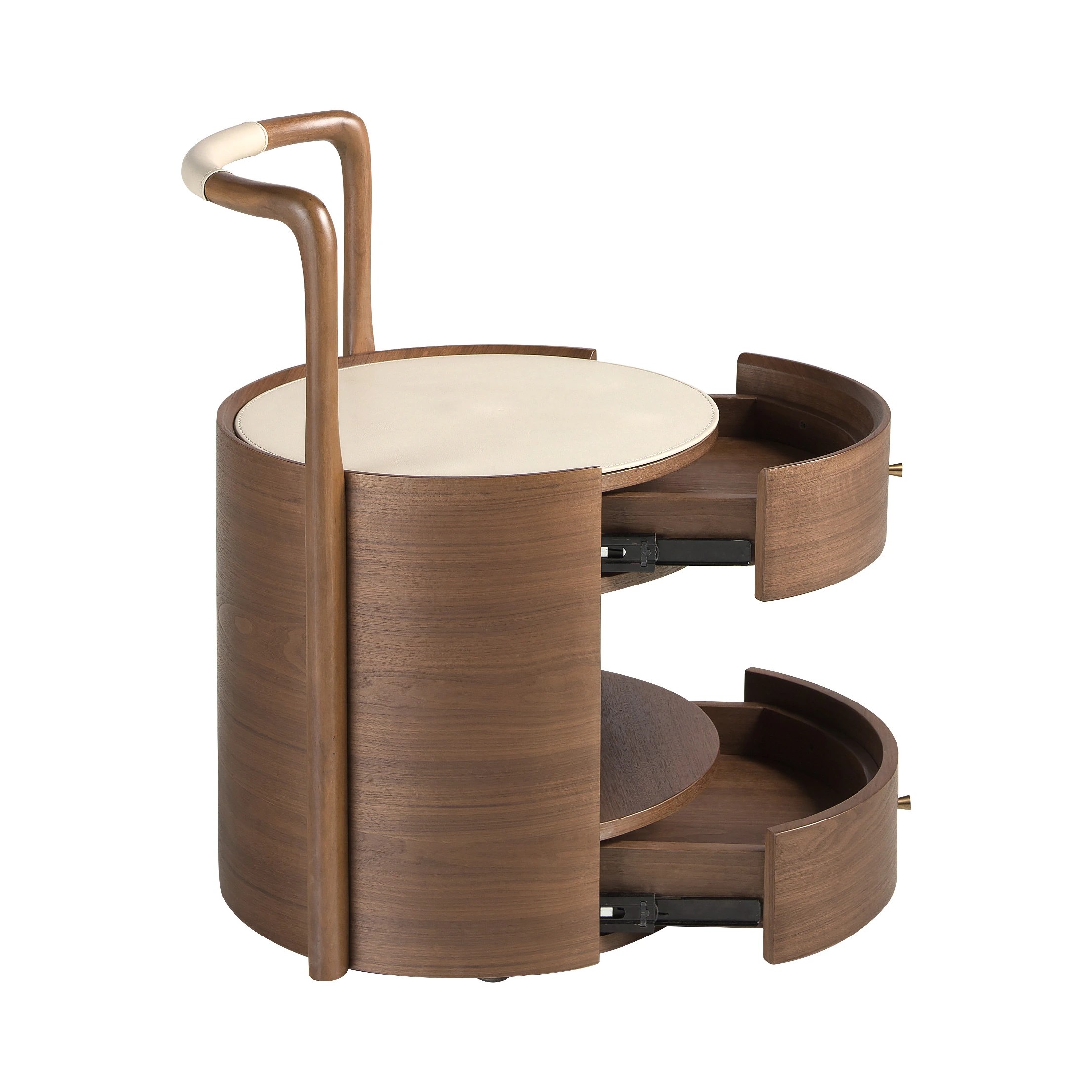 Table de chevet en noyer avec plateau en cuir couleur crème