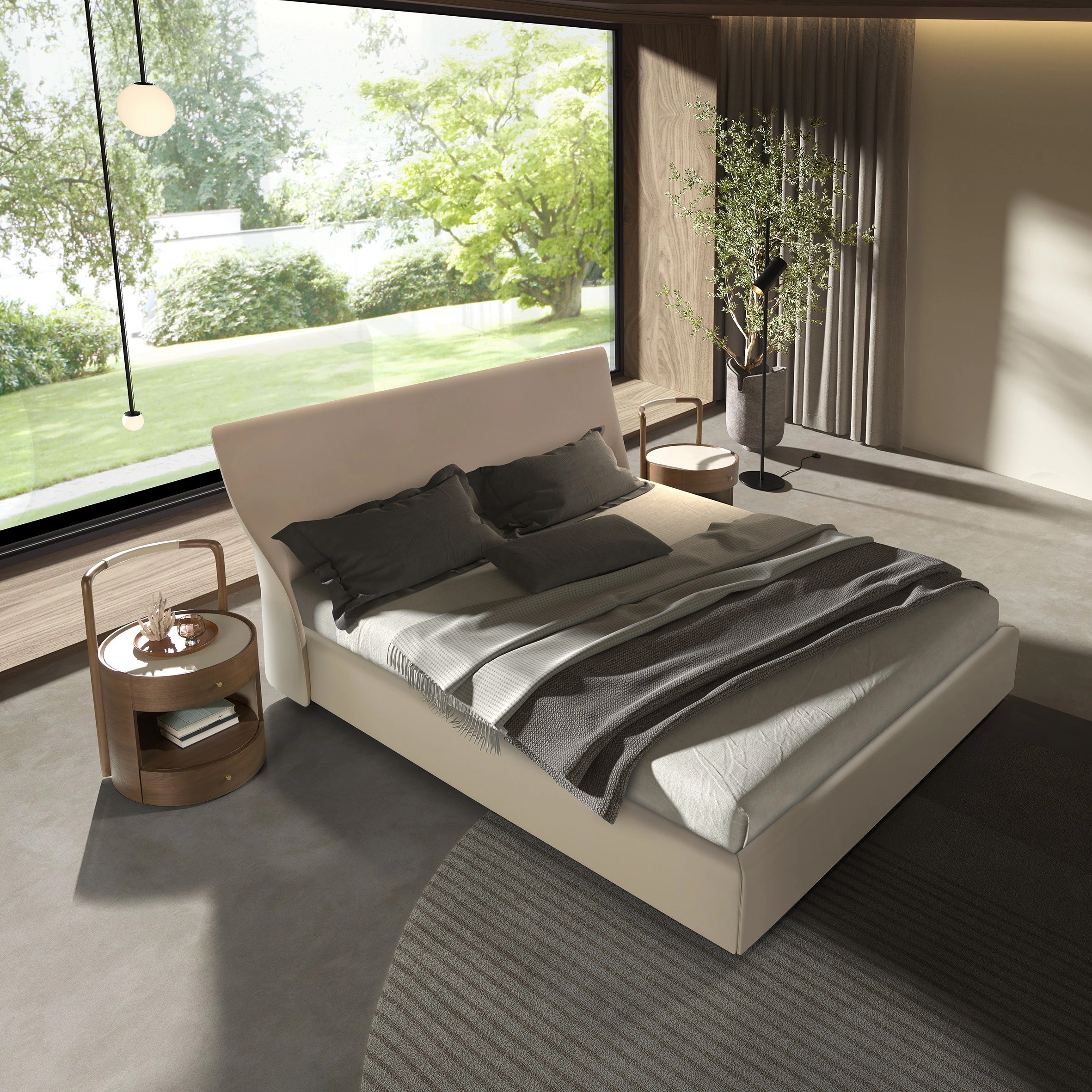Table de chevet en noyer avec plateau en cuir couleur crème