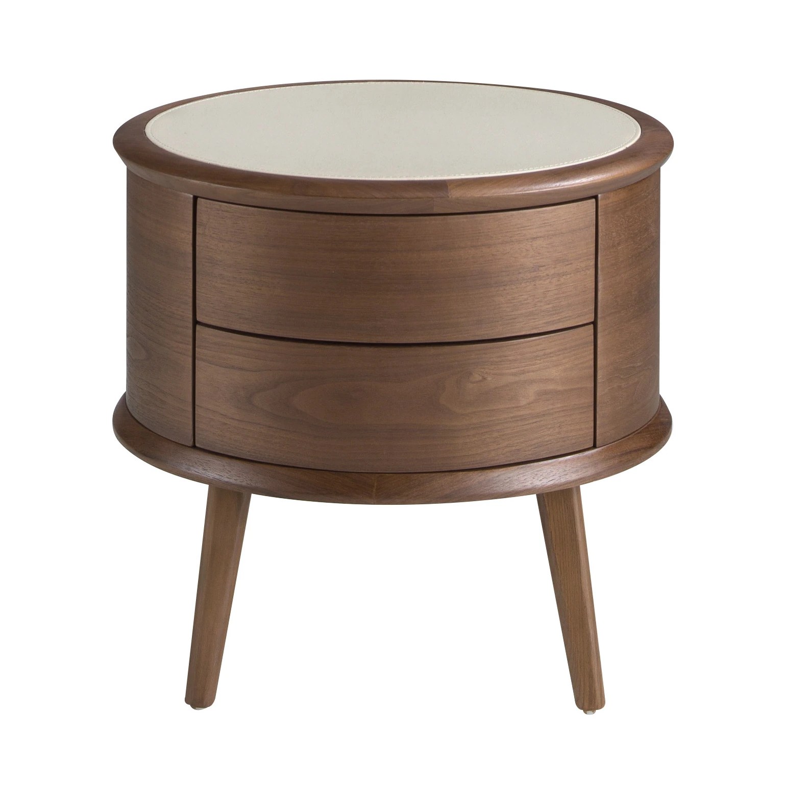 Table de chevet en noyer avec plateau en cuir couleur crème