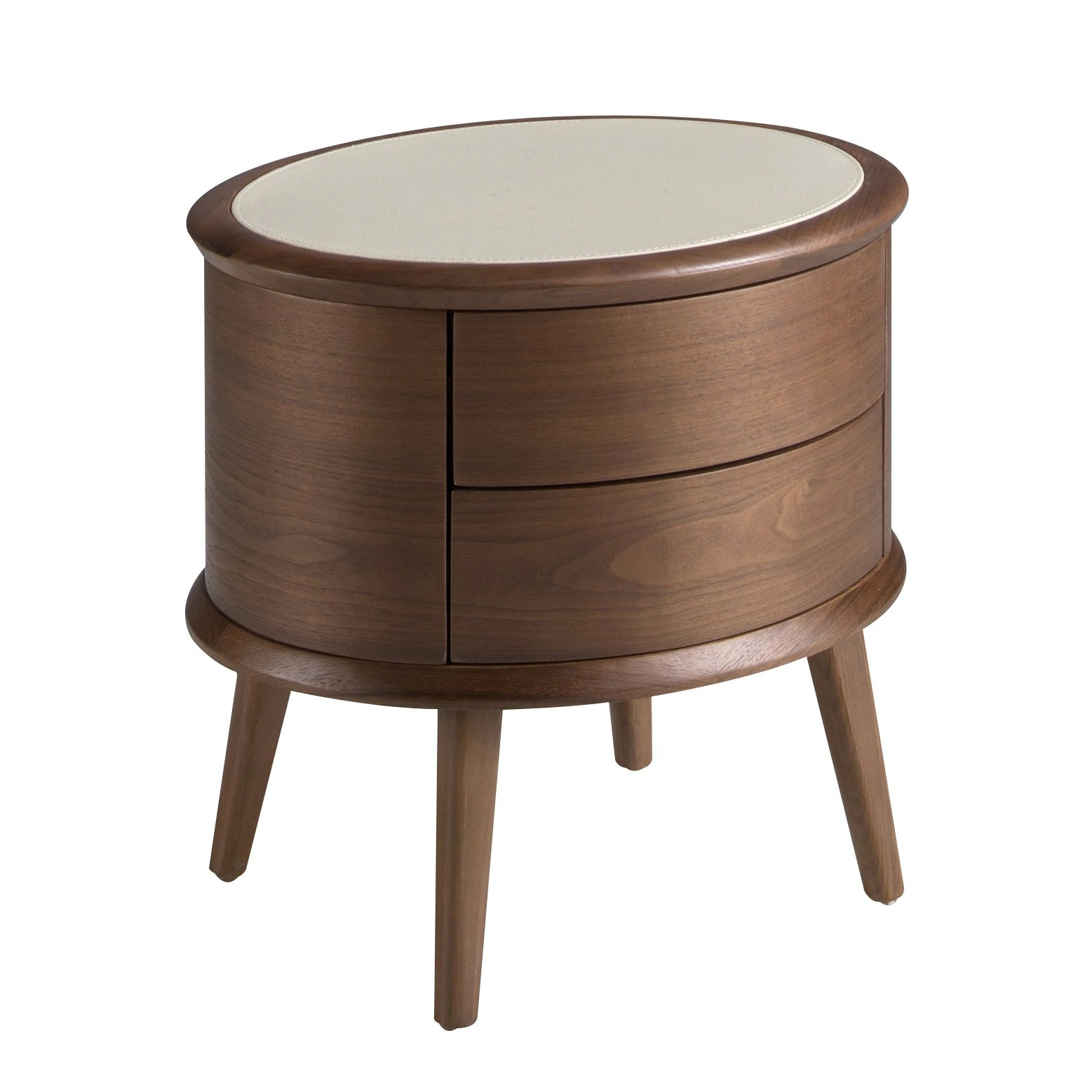Table de chevet en noyer avec plateau en cuir couleur crème