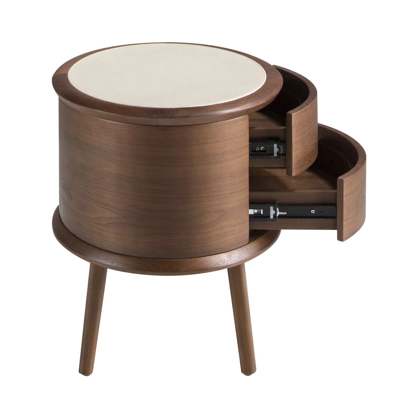 Table de chevet en noyer avec plateau en cuir couleur crème