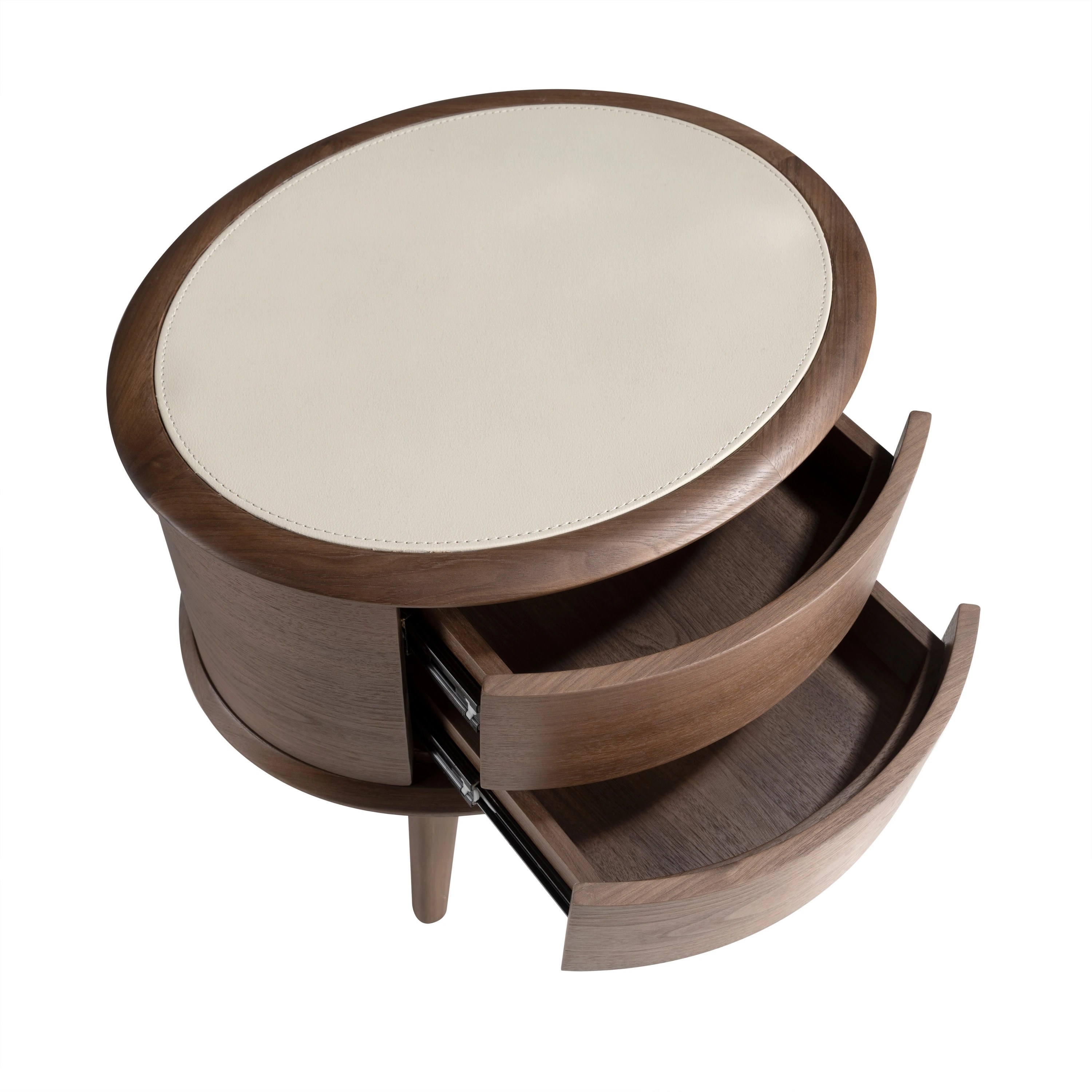 Table de chevet en noyer avec plateau en cuir couleur crème