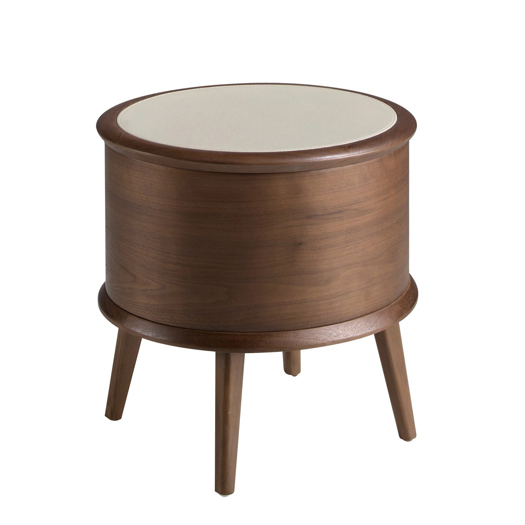 Table de chevet en noyer avec plateau en cuir couleur crème