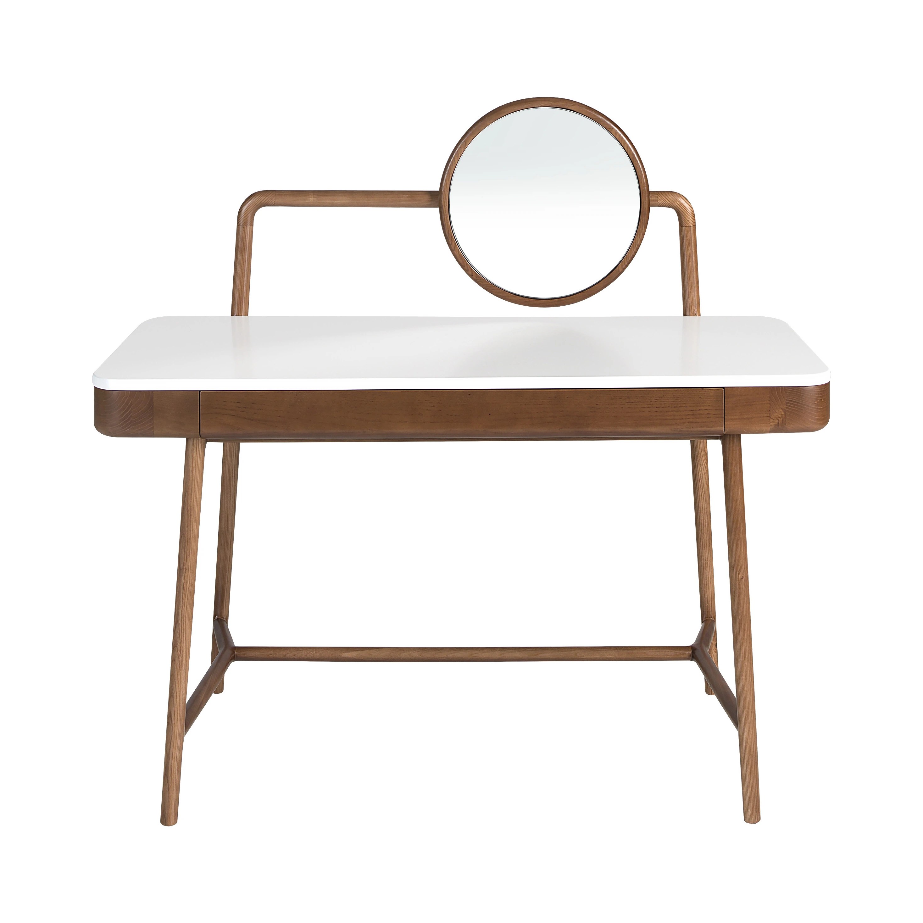 Bureau coiffeuse en noyer avec plateau en bois blanc et miroir