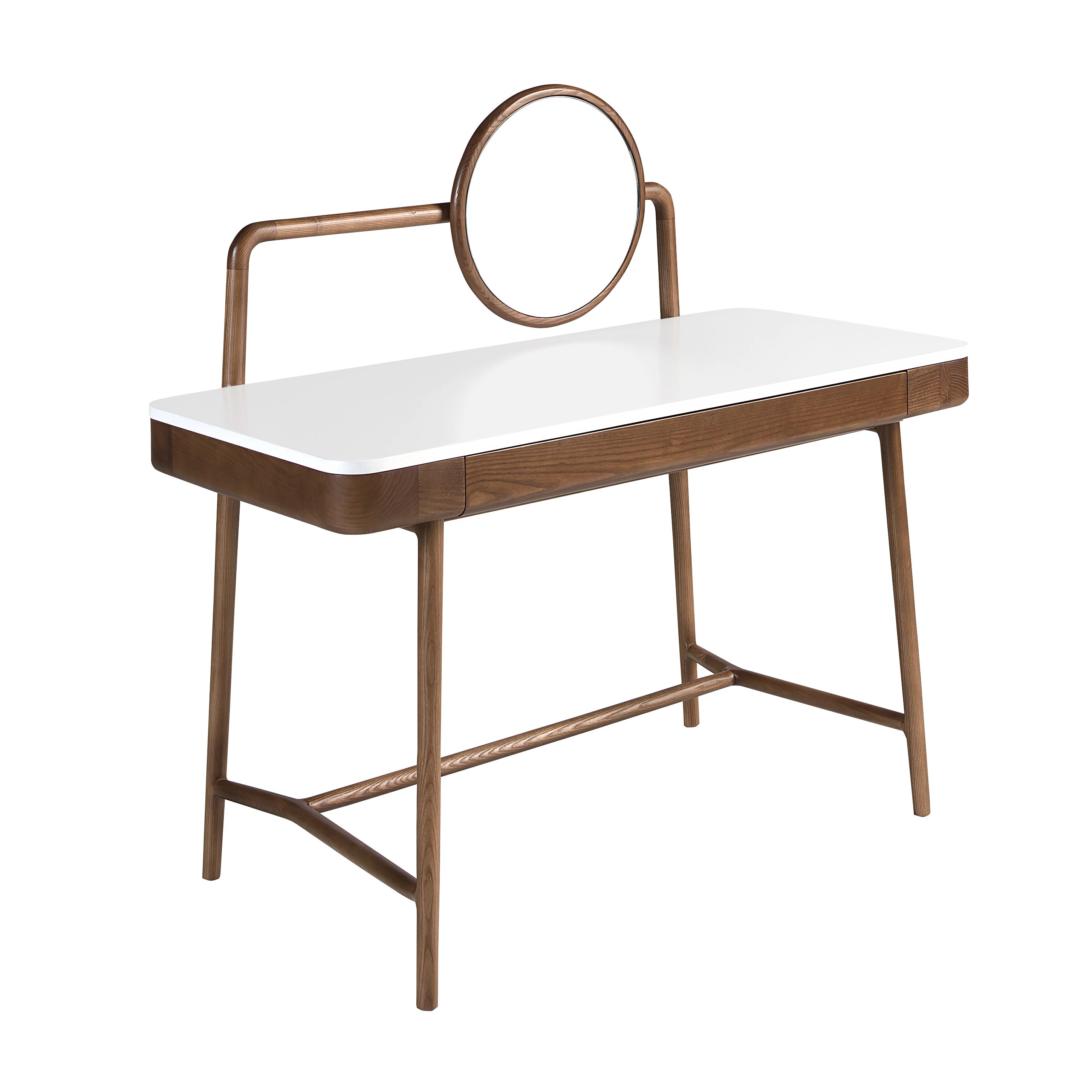 Bureau coiffeuse en noyer avec plateau en bois blanc et miroir
