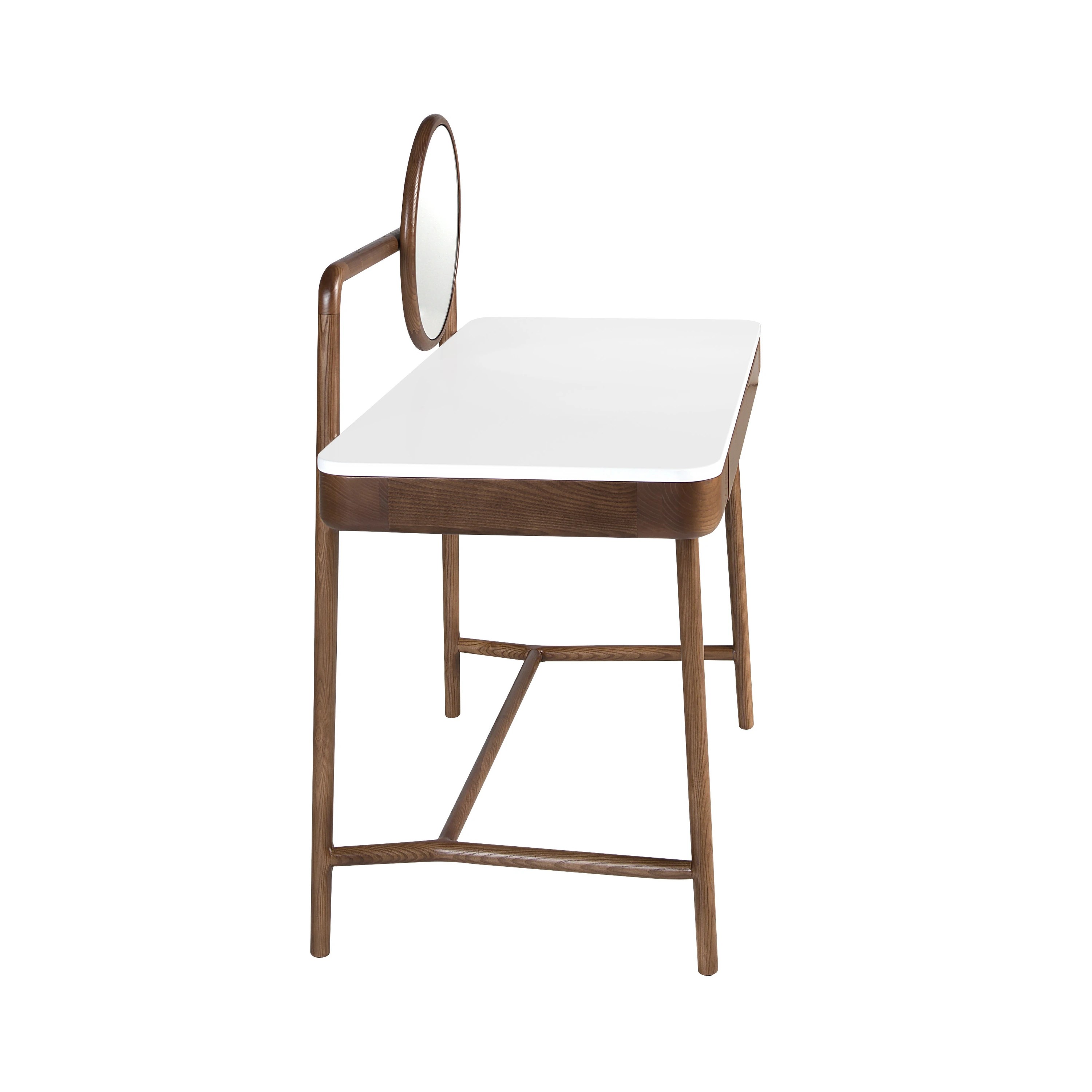 Bureau coiffeuse en noyer avec plateau en bois blanc et miroir