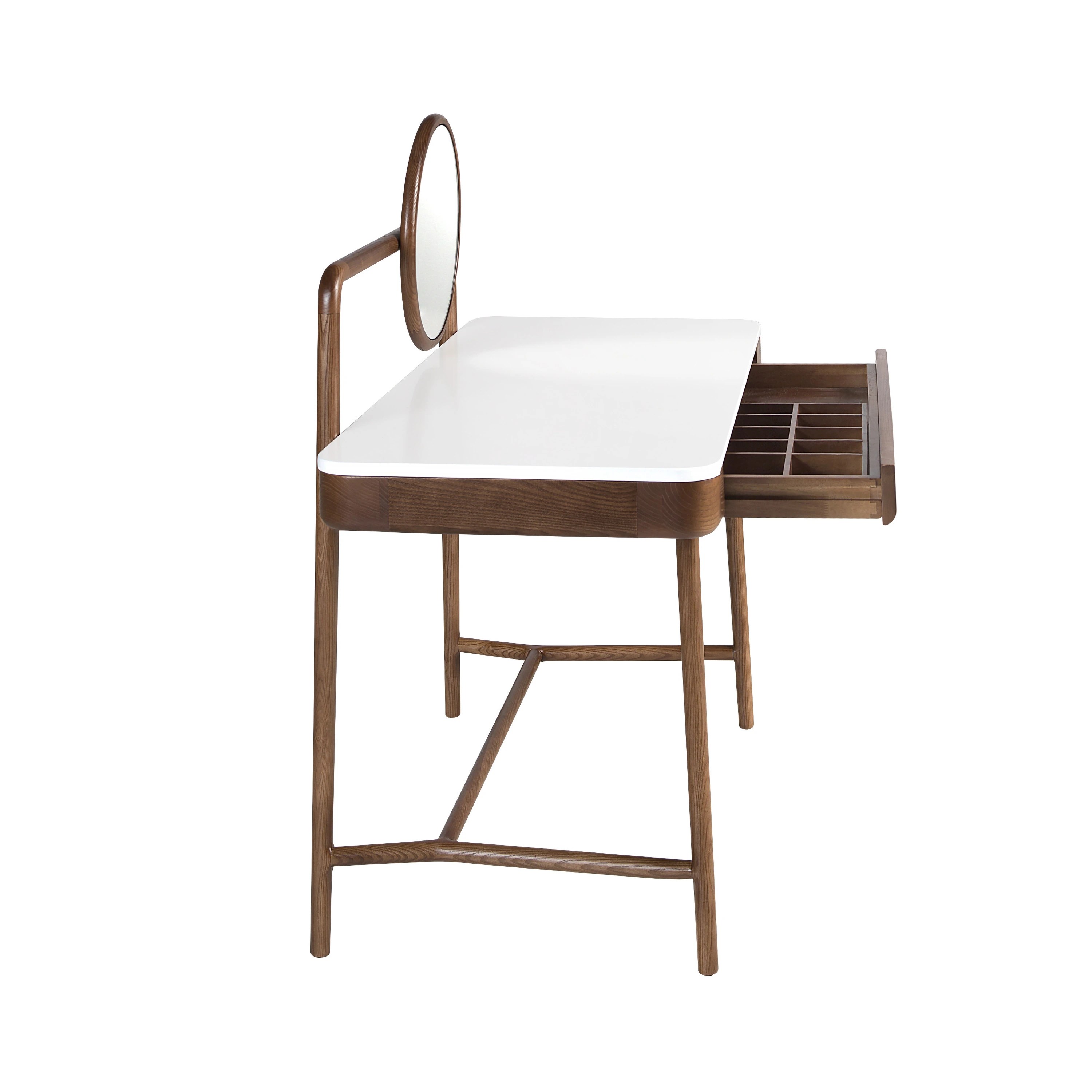 Bureau coiffeuse en noyer avec plateau en bois blanc et miroir