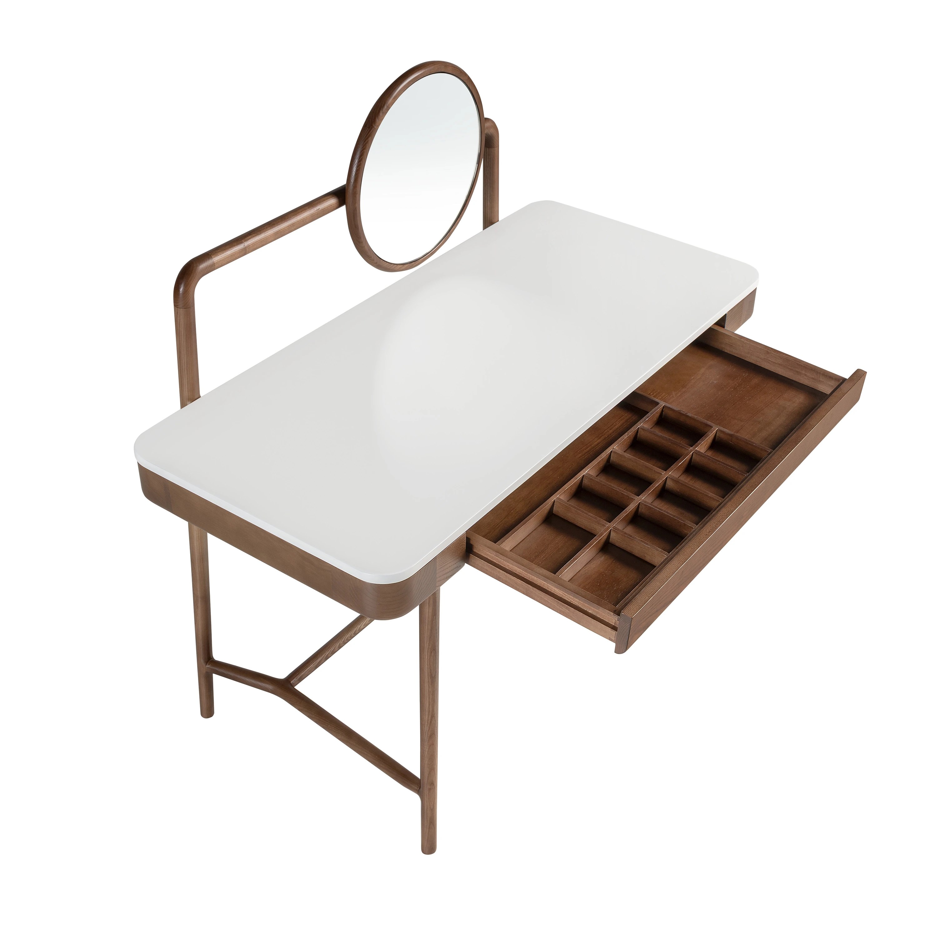 Bureau coiffeuse en noyer avec plateau en bois blanc et miroir
