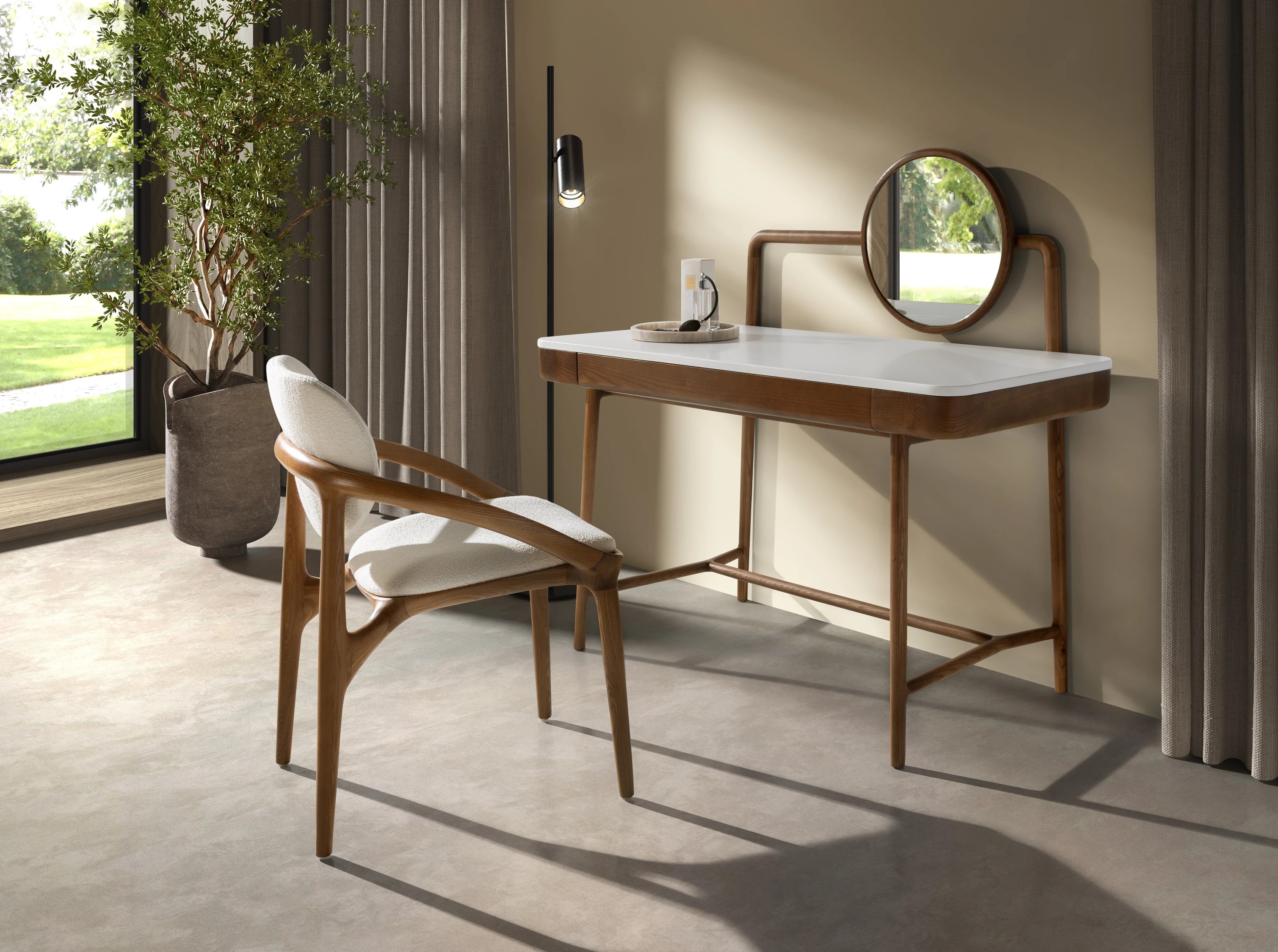 Bureau coiffeuse en noyer avec plateau en bois blanc et miroir