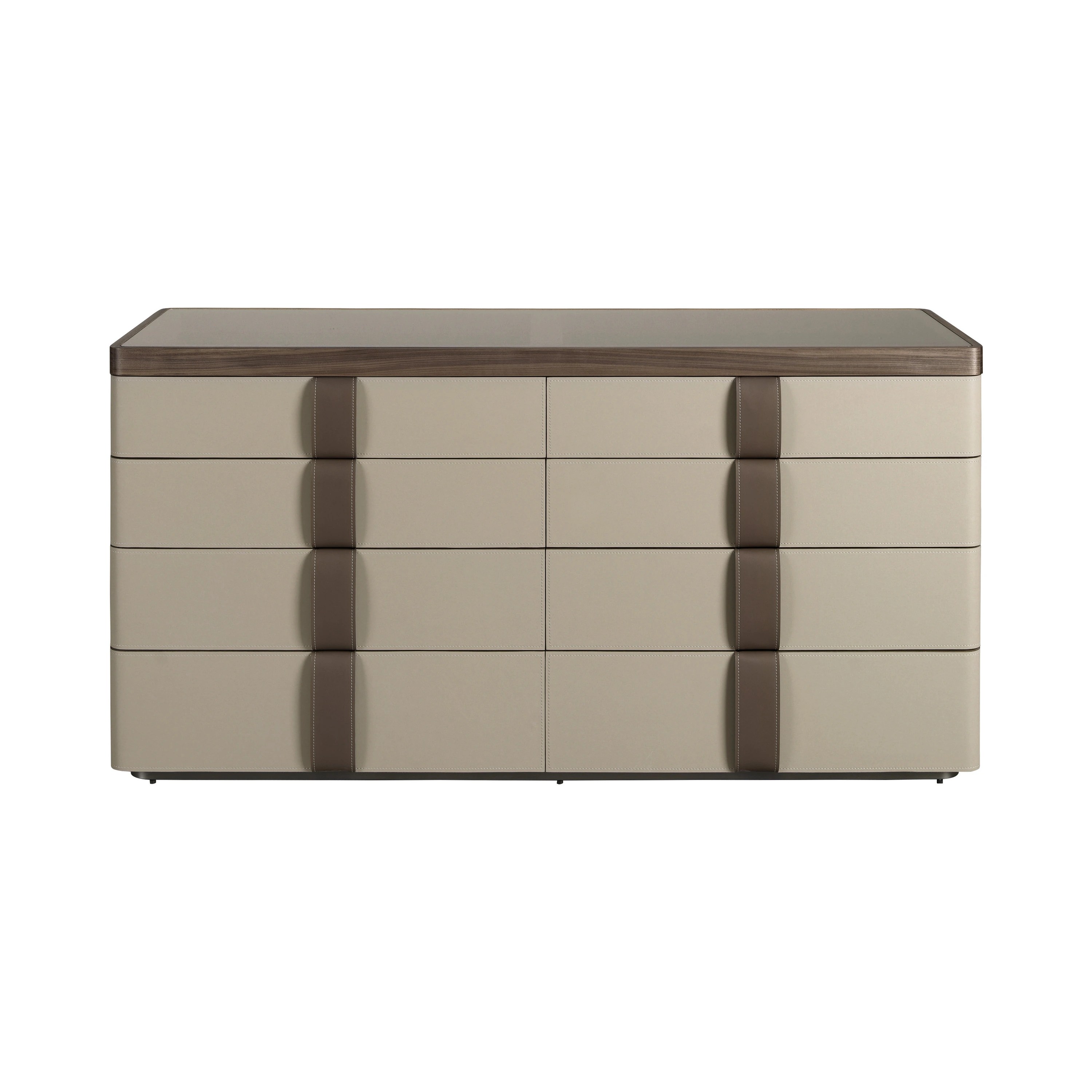 Commode en similicuir, noyer, base en acier poli et plateau en verre fumé marron