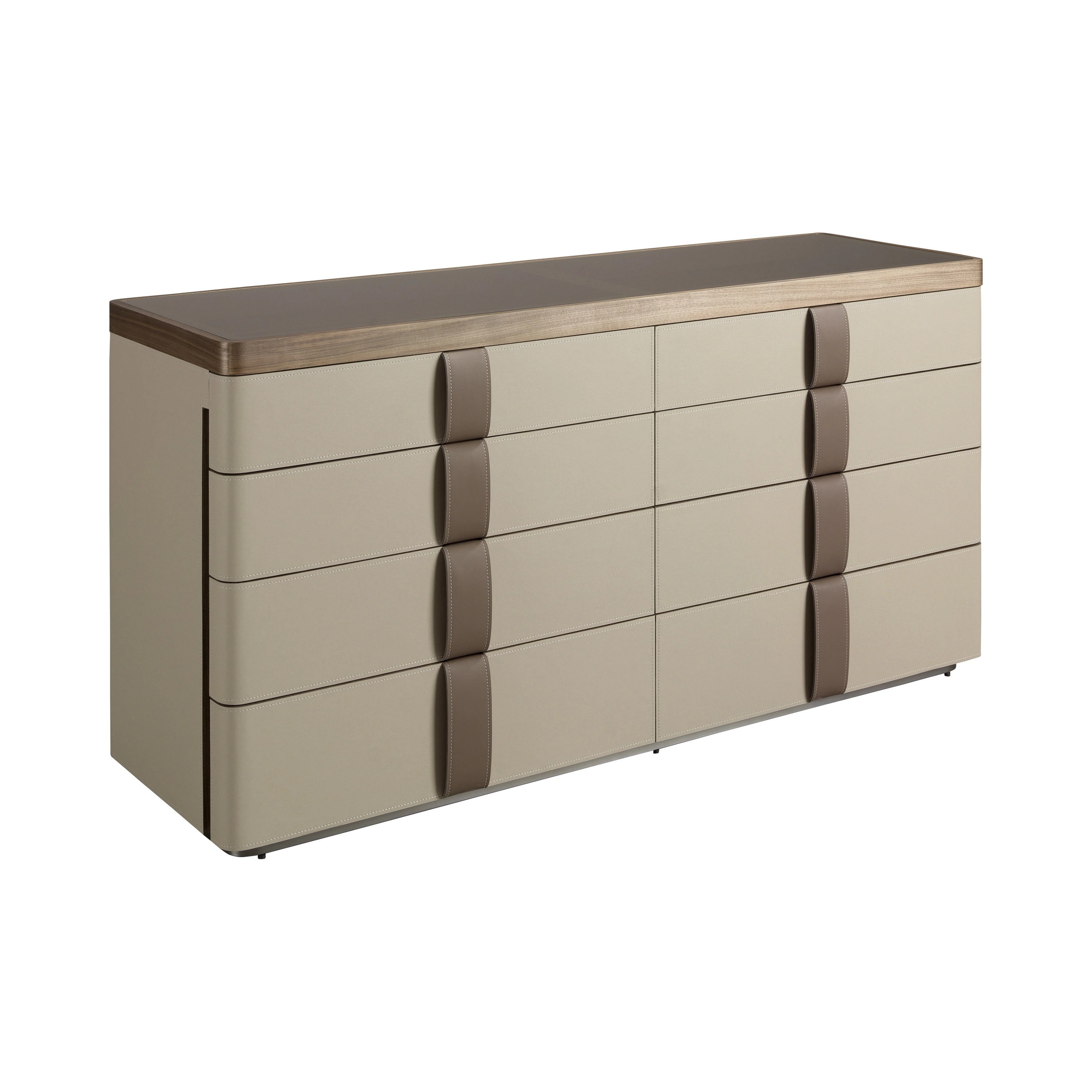 Commode en similicuir, noyer, base en acier poli et plateau en verre fumé marron