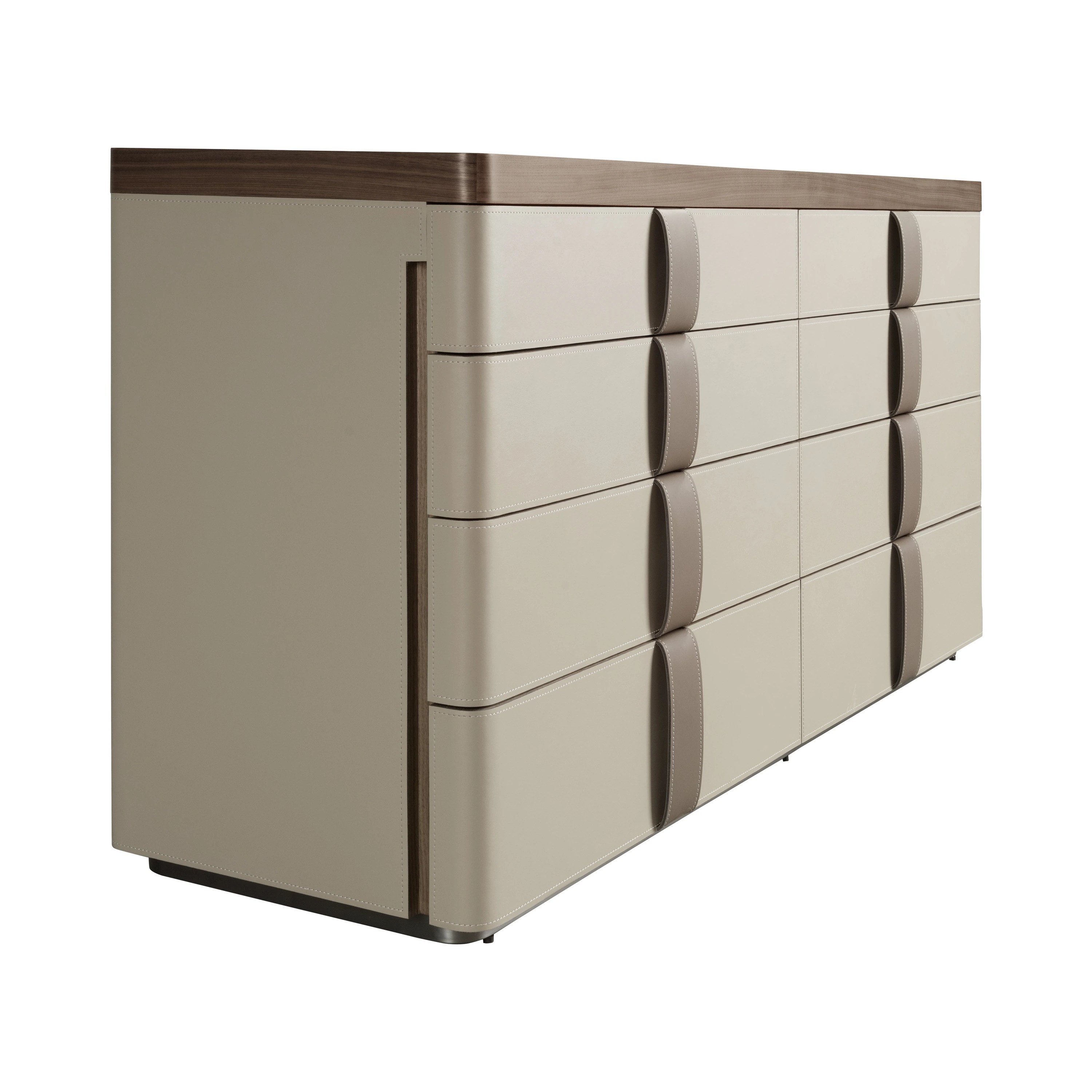 Commode en similicuir, noyer, base en acier poli et plateau en verre fumé marron