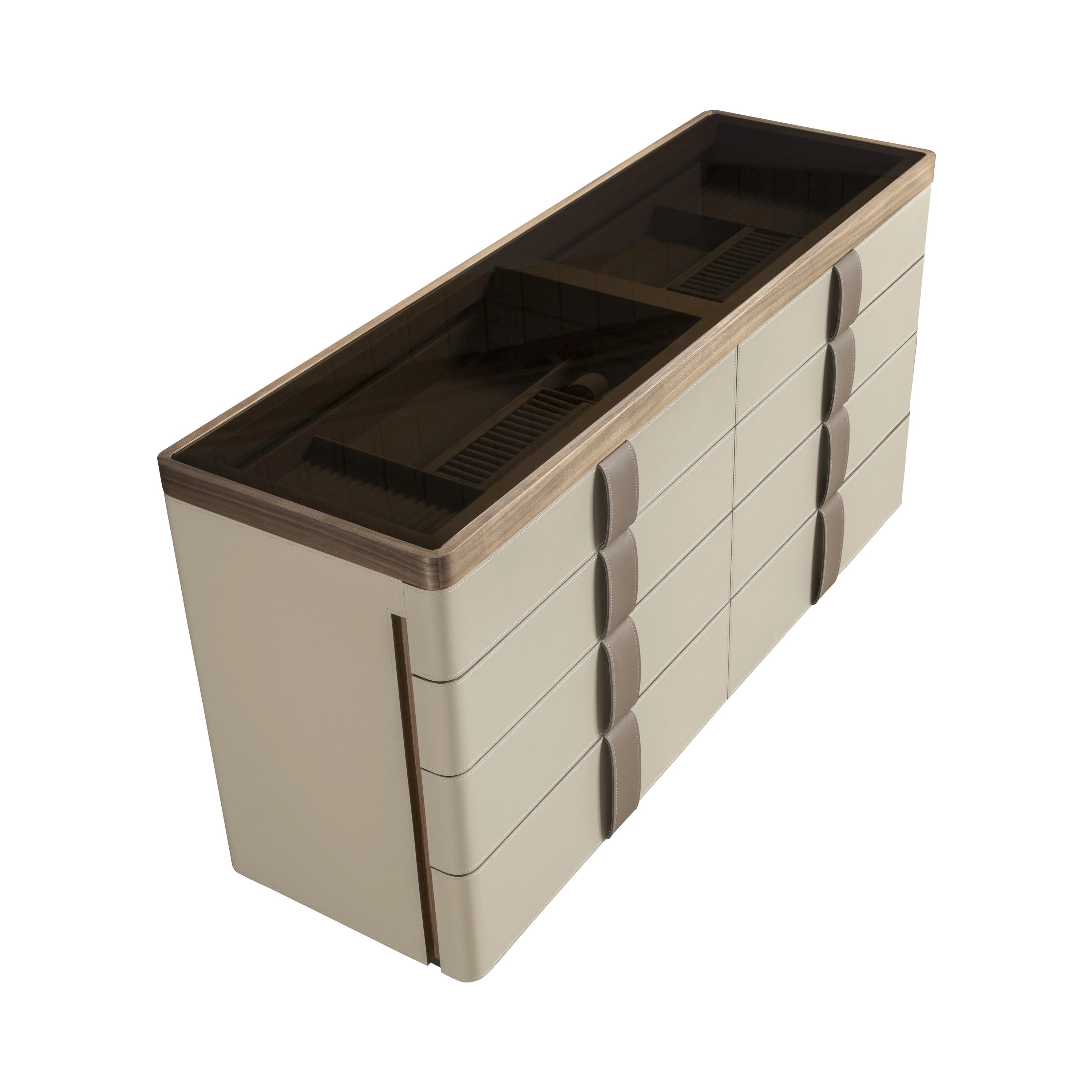 Commode en similicuir, noyer, base en acier poli et plateau en verre fumé marron