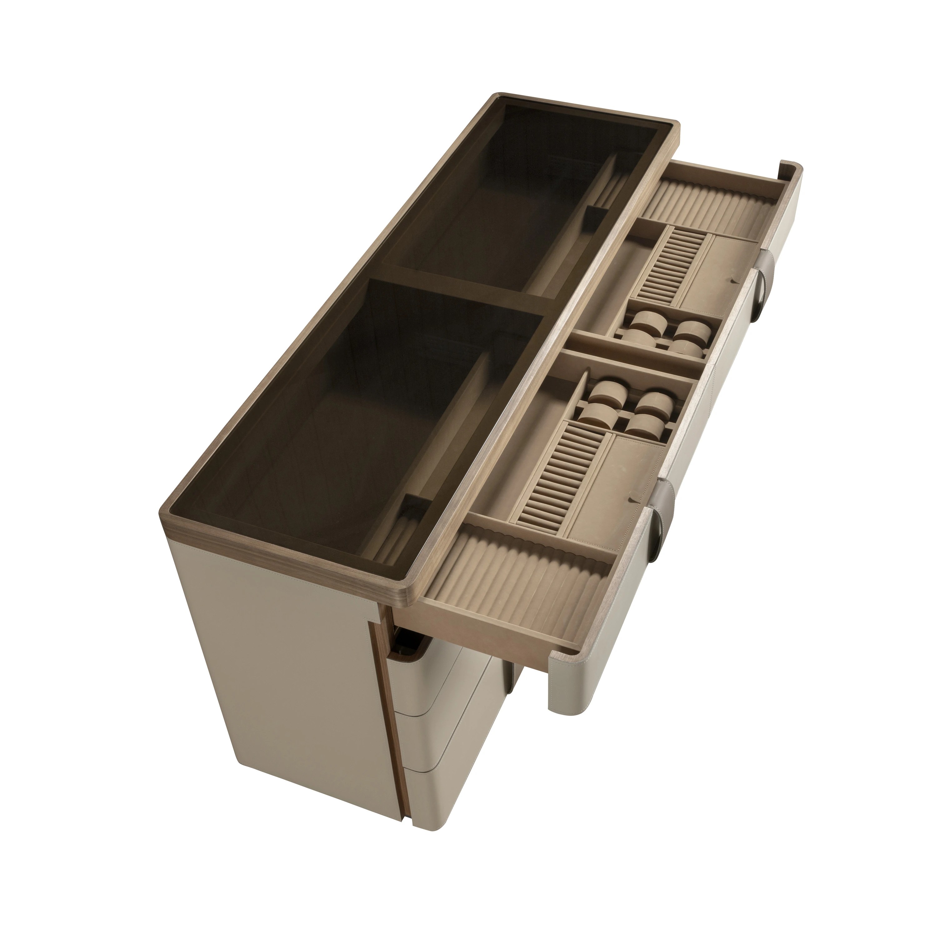 Commode en similicuir, noyer, base en acier poli et plateau en verre fumé marron