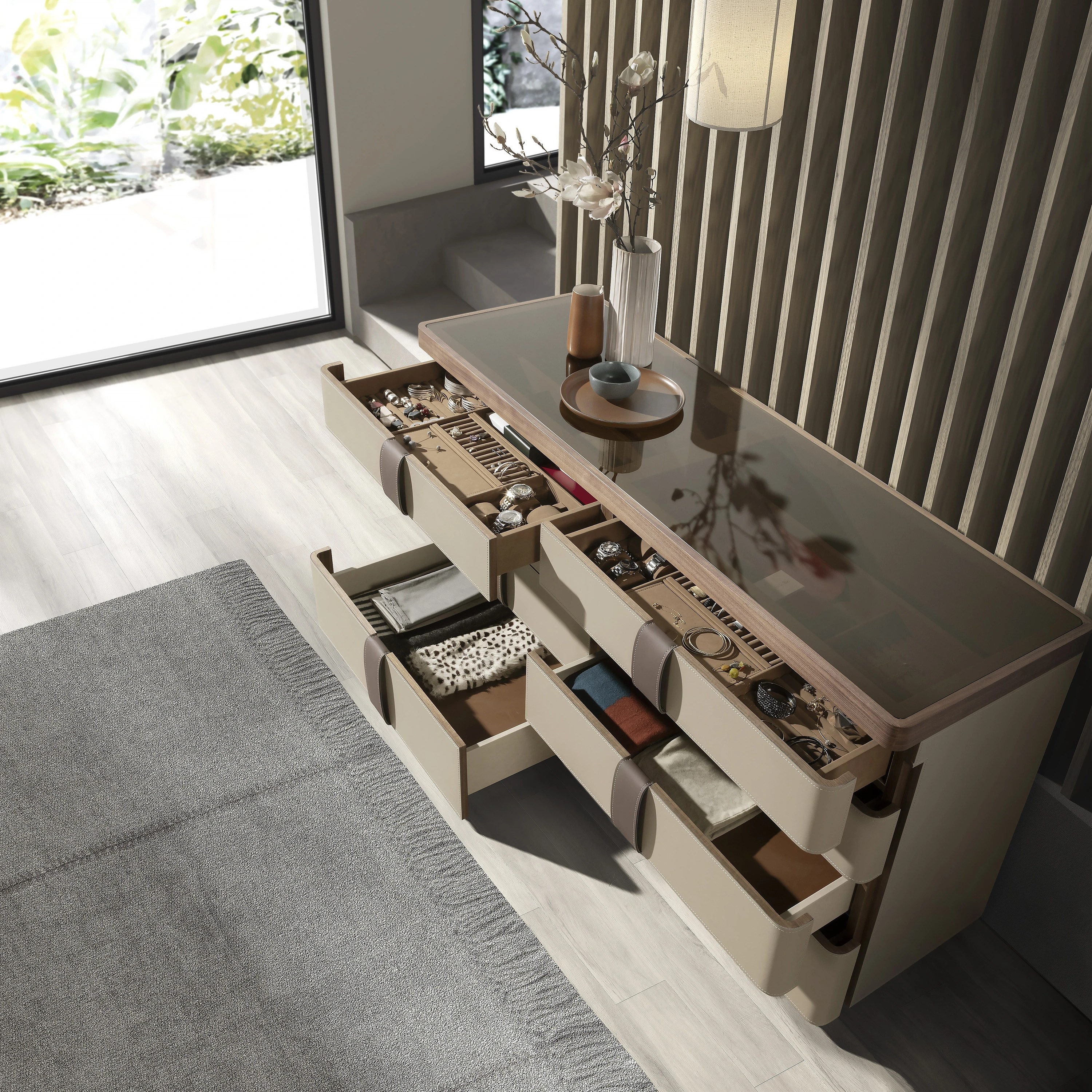 Commode en similicuir, noyer, base en acier poli et plateau en verre fumé marron
