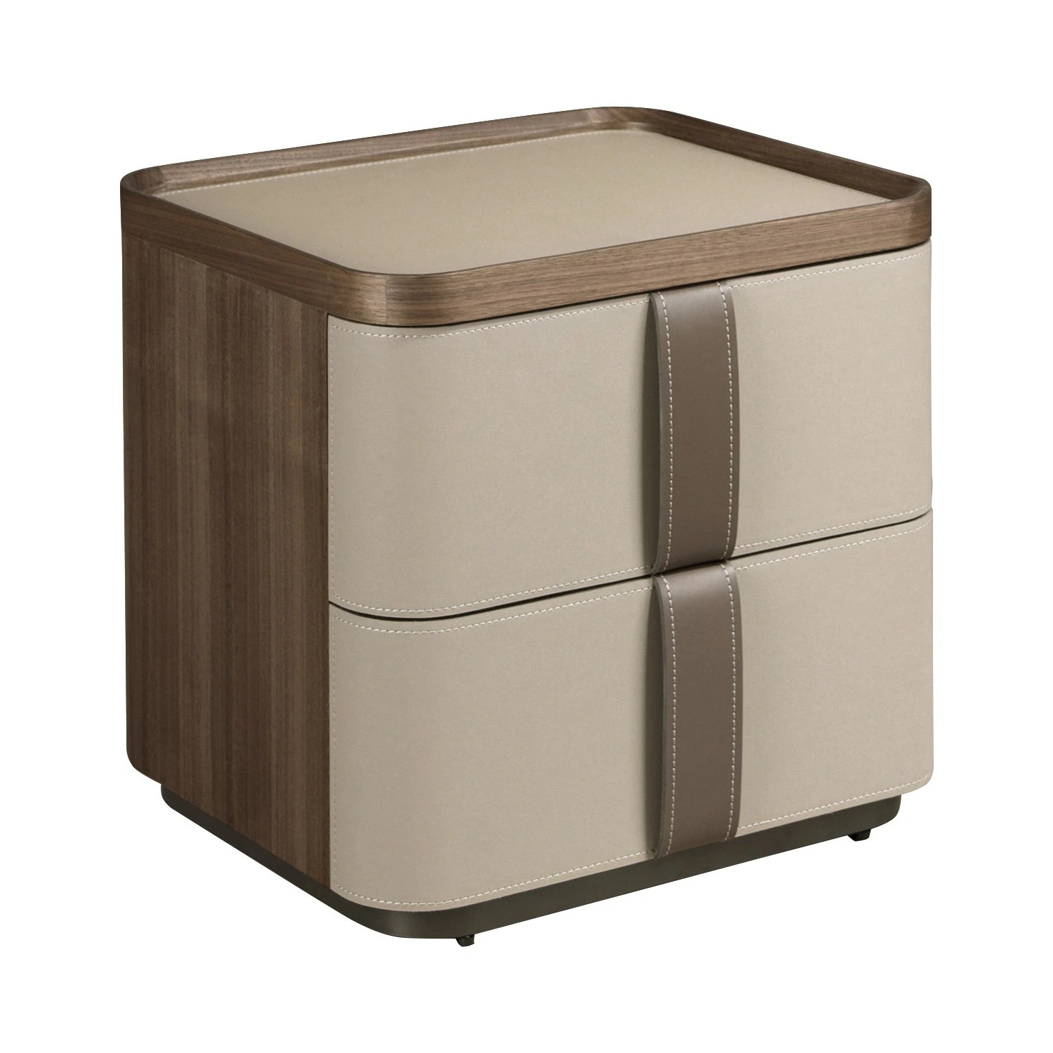 Table de chevet en similicuir, noyer et base en acier poli