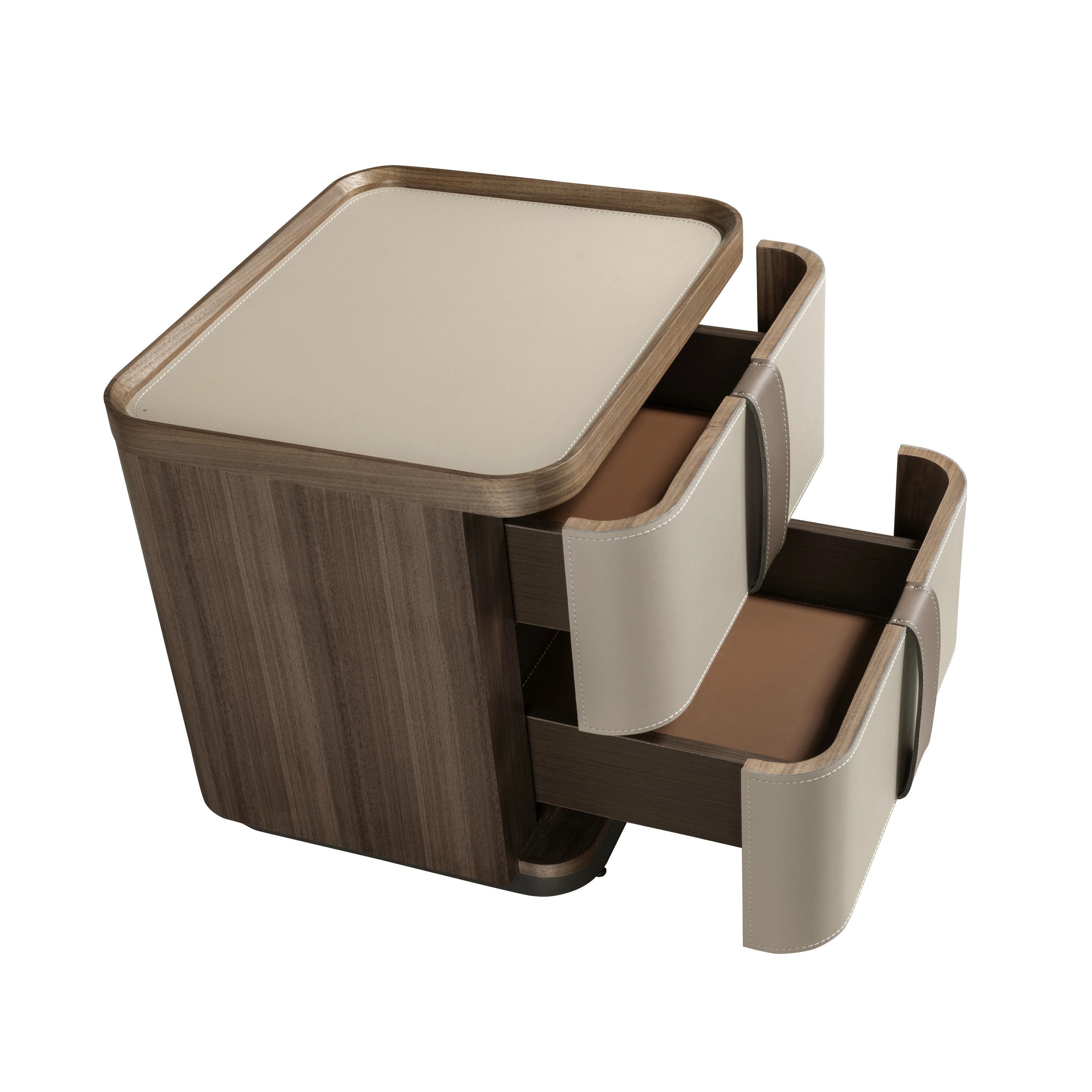 Table de chevet en similicuir, noyer et base en acier poli