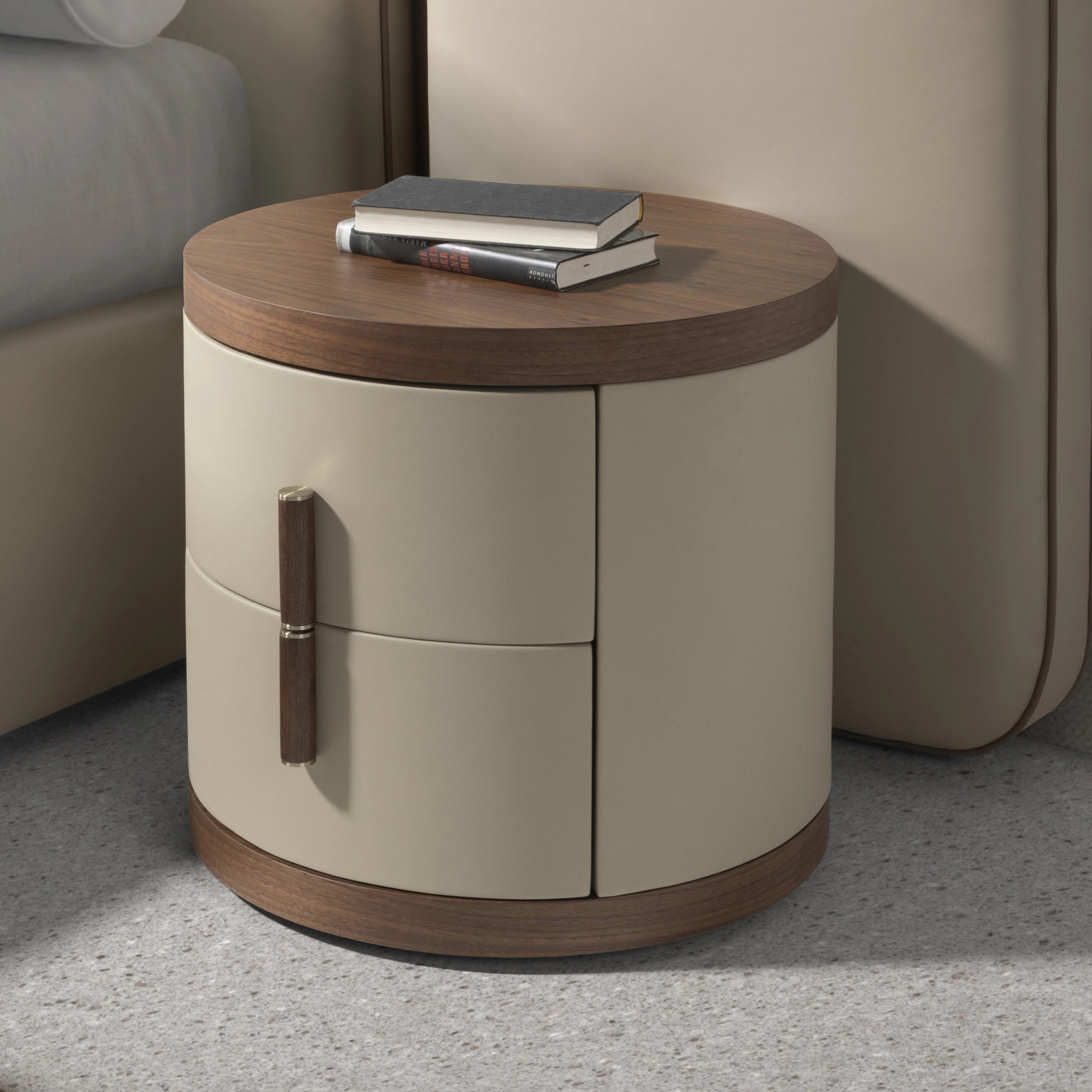 Table de chevet en similicuir et noyer