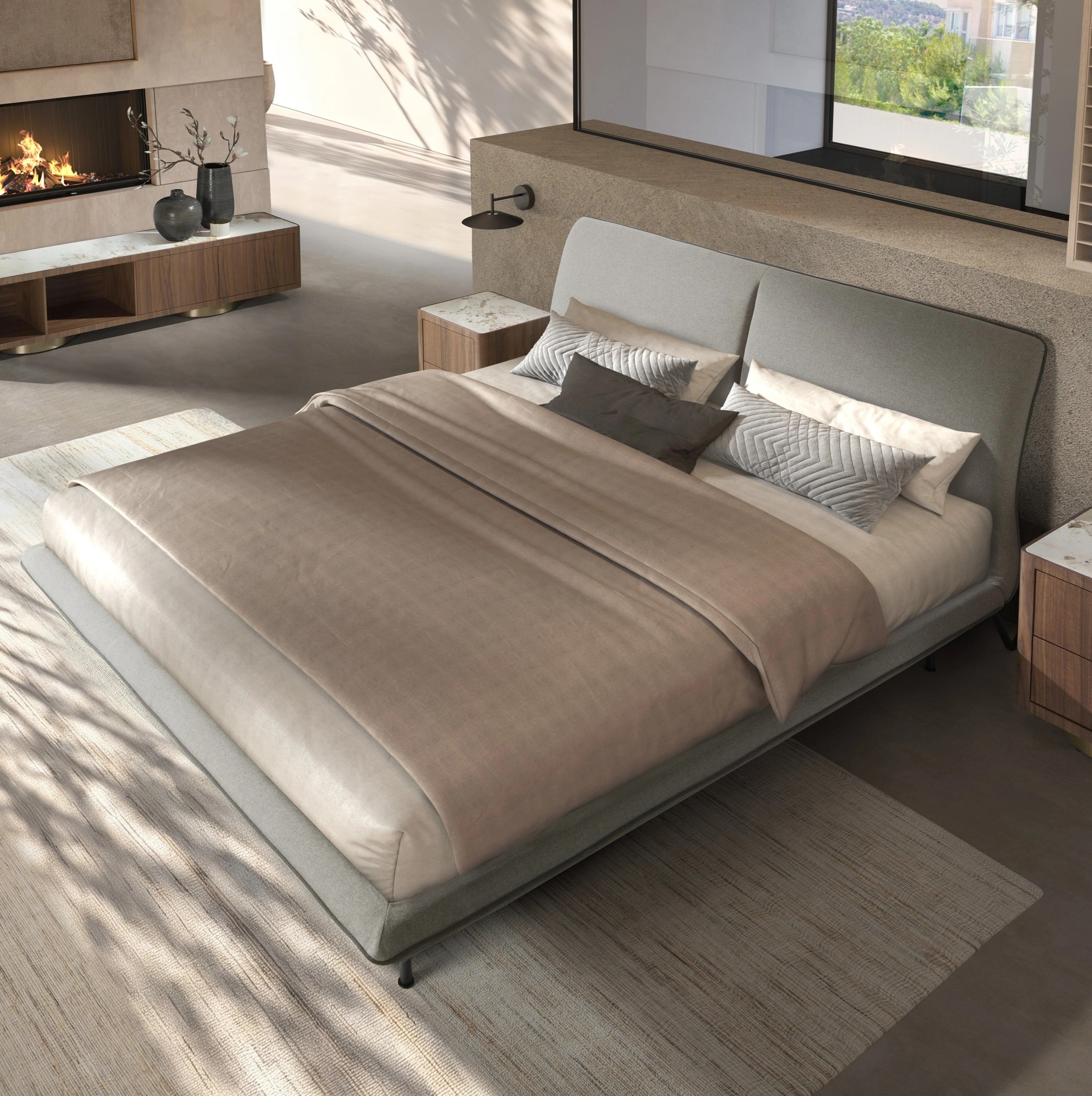Lit en tissu gris foncé
