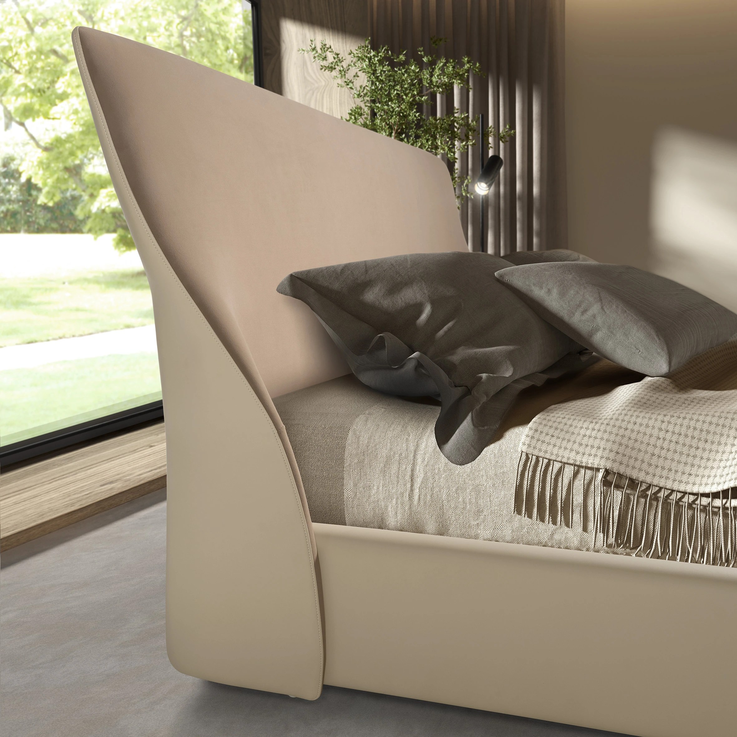 Lit en velours marron et similicuir couleur crème