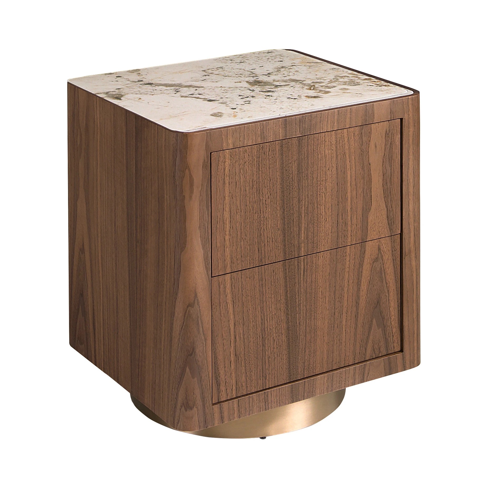 Table de chevet en noyer, acier poli doré et plateau en marbre céramique