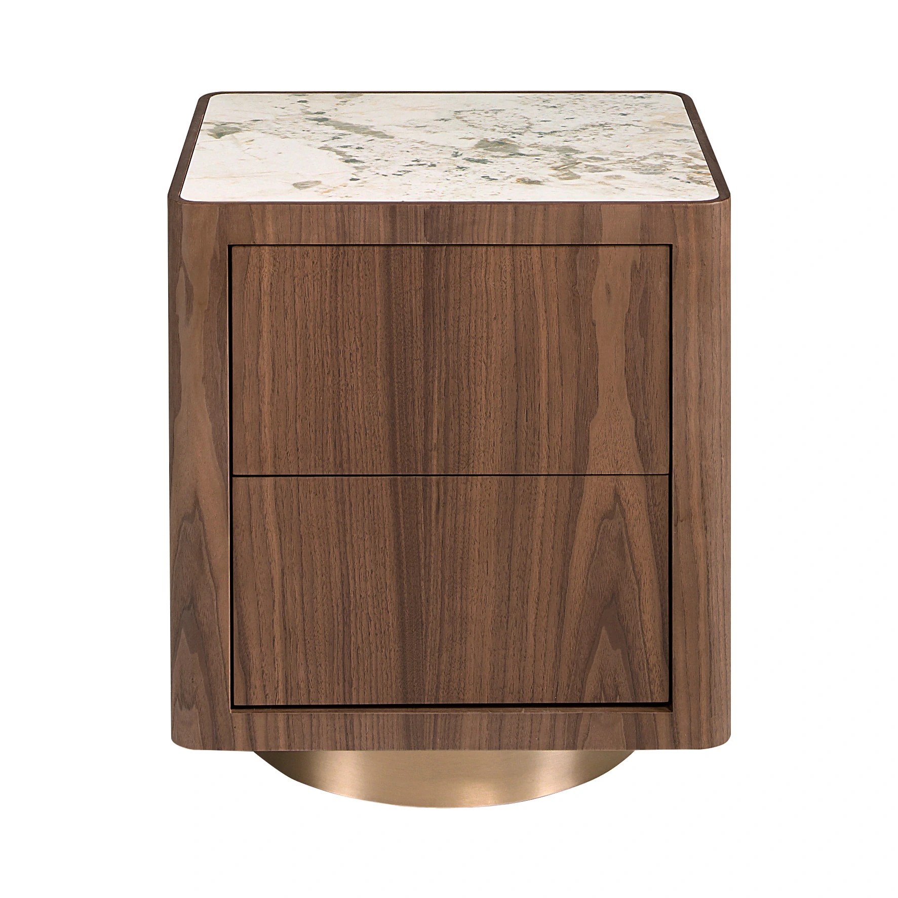 Table de chevet en noyer, acier poli doré et plateau en marbre céramique