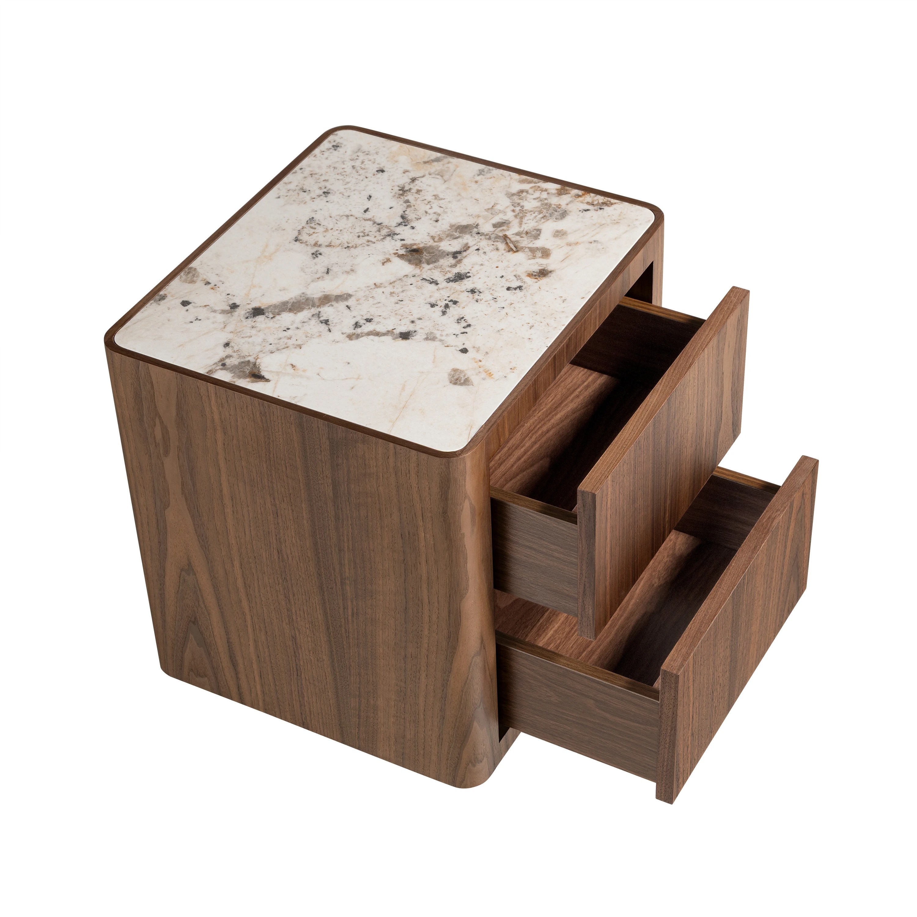 Table de chevet en noyer, acier poli doré et plateau en marbre céramique