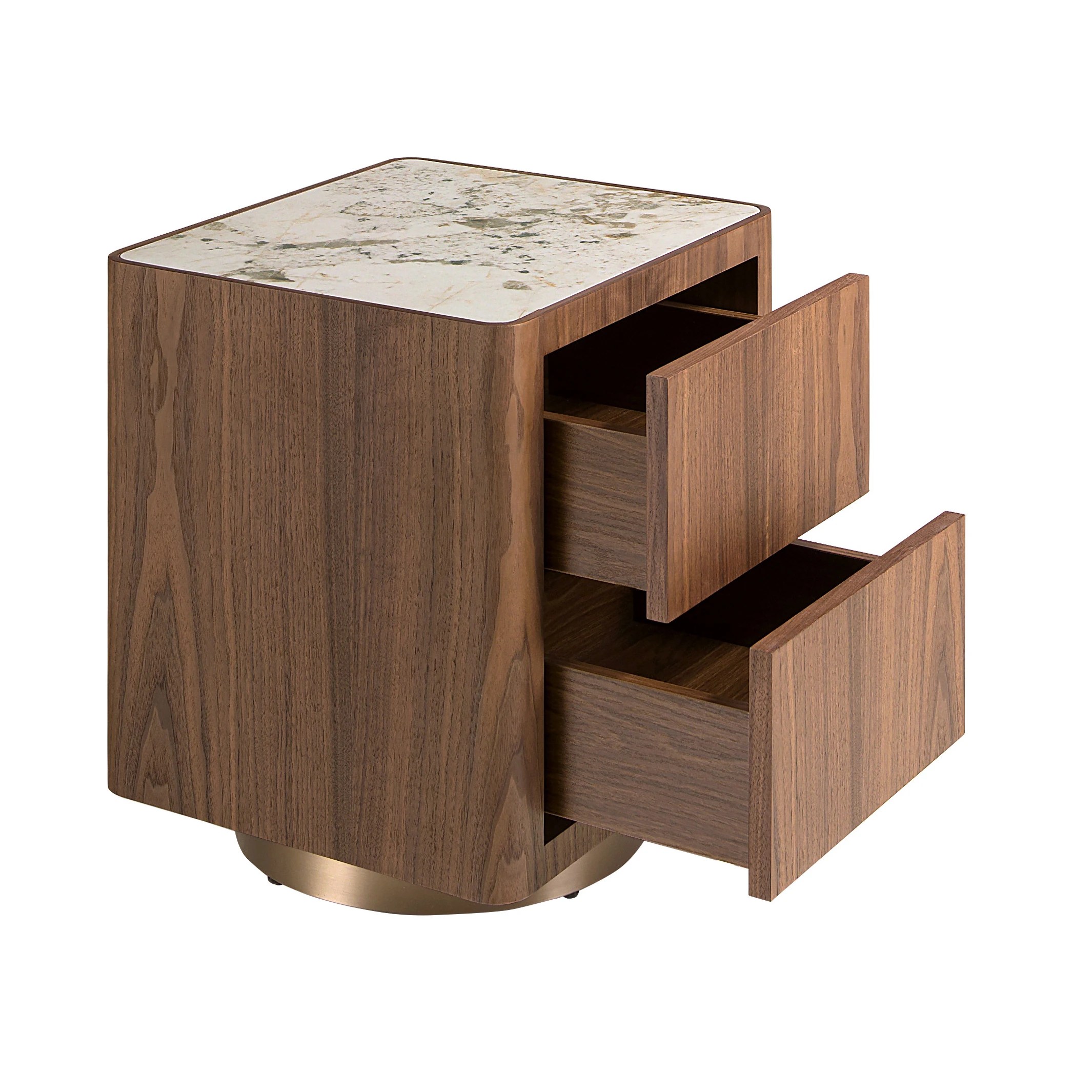 Table de chevet en noyer, acier poli doré et plateau en marbre céramique