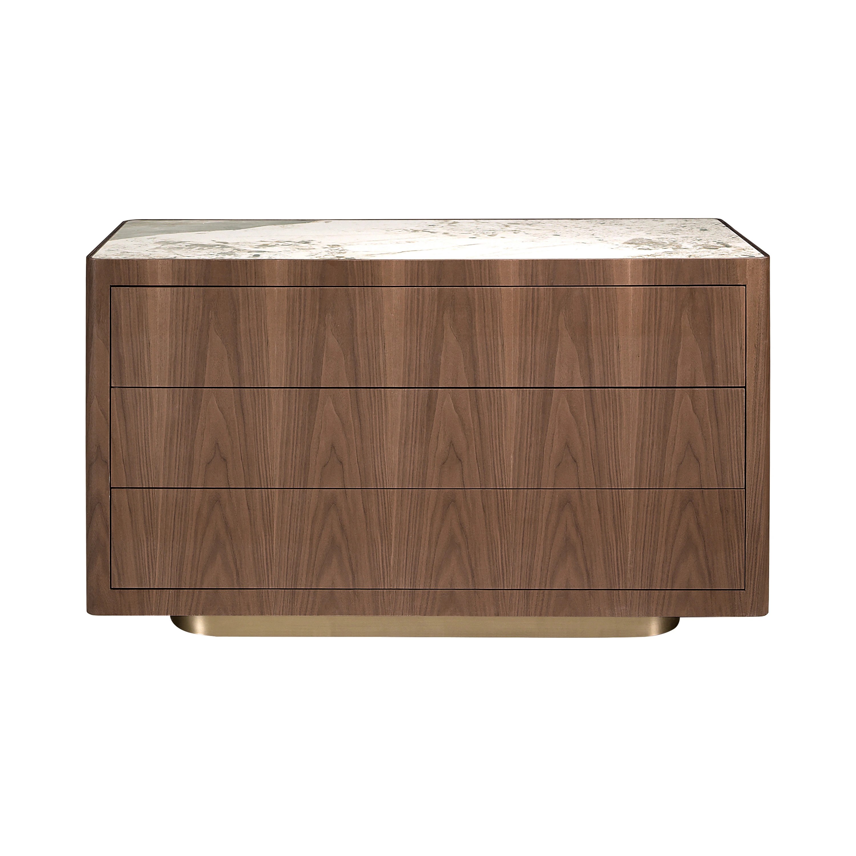 Commode en noyer, acier poli doré et plateau en marbre céramique
