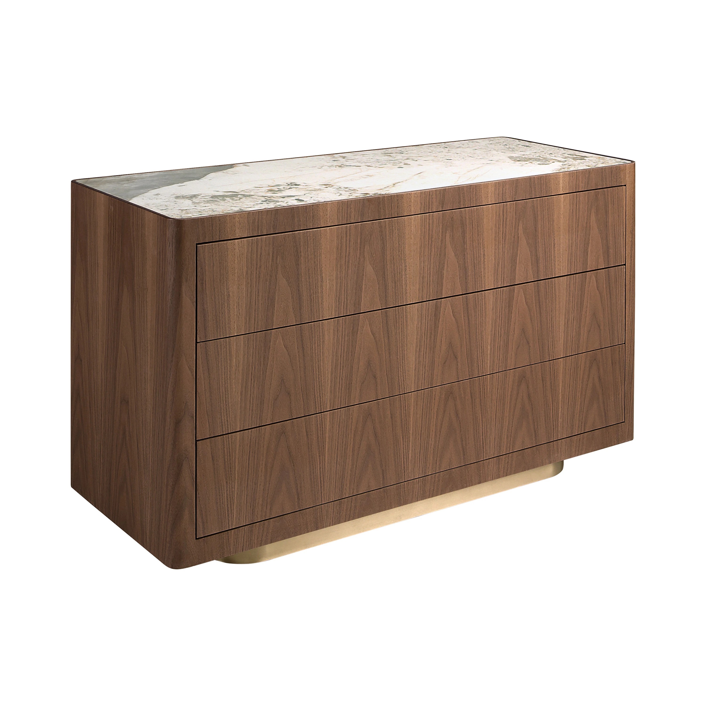 Commode en noyer, acier poli doré et plateau en marbre céramique