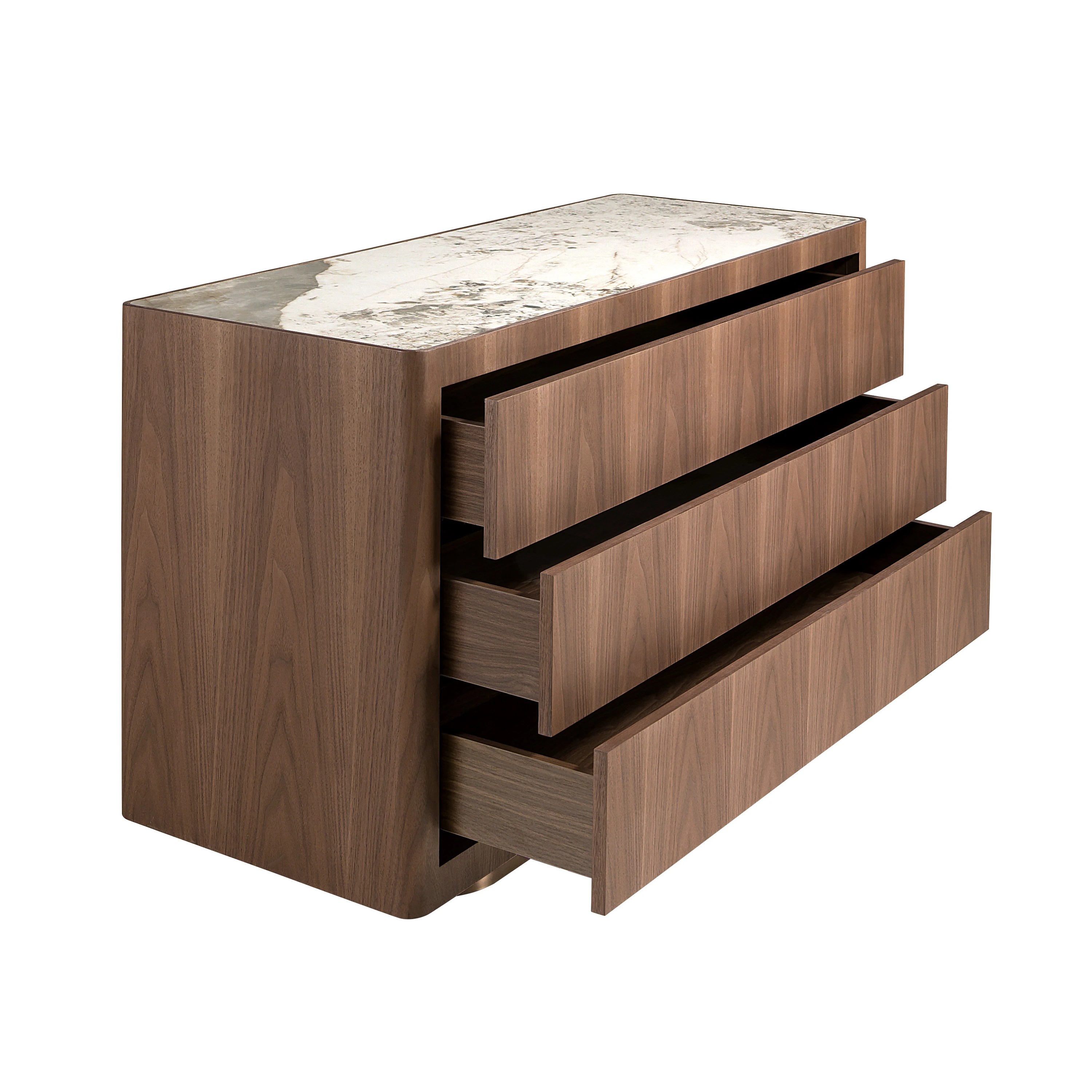 Commode en noyer, acier poli doré et plateau en marbre céramique