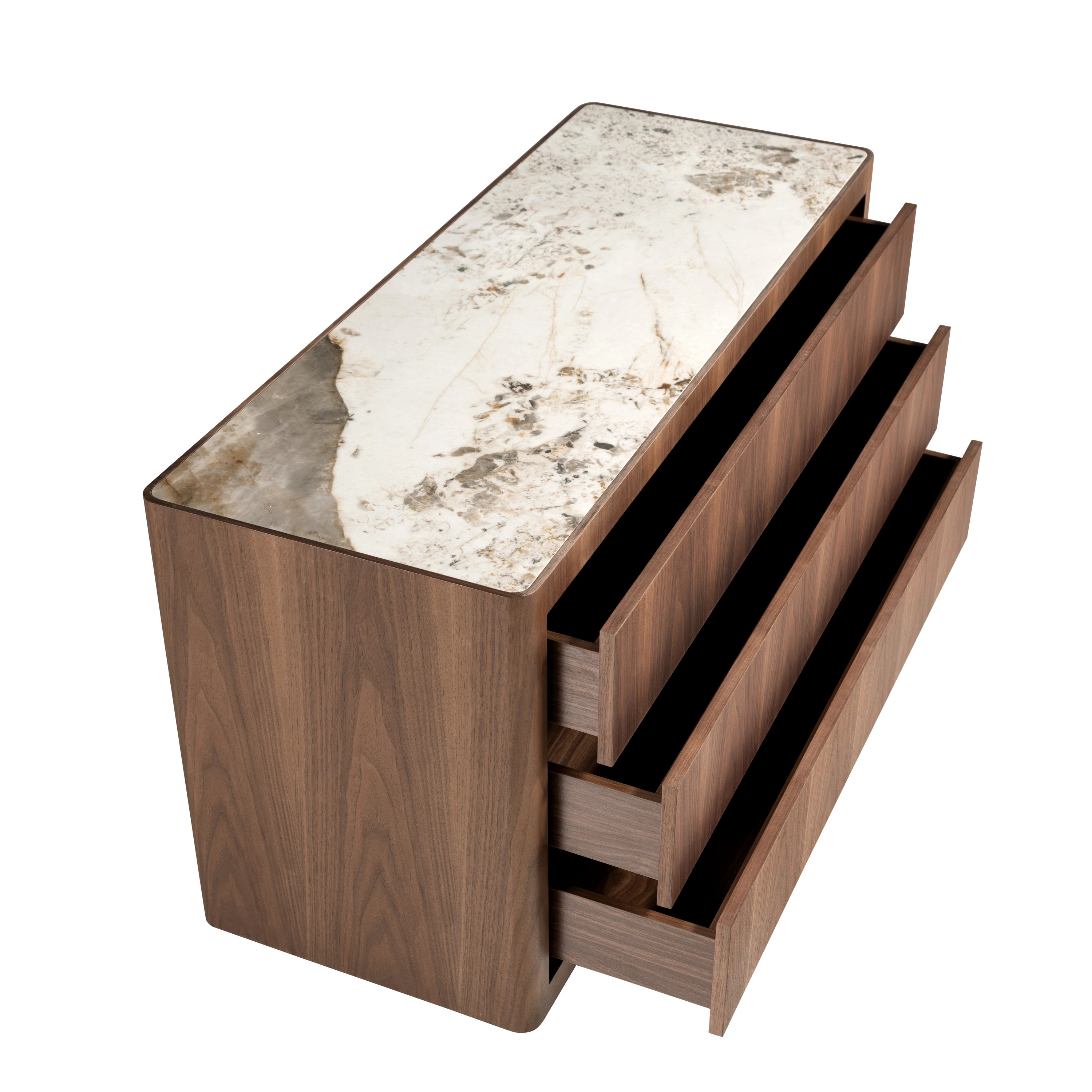 Commode en noyer, acier poli doré et plateau en marbre céramique