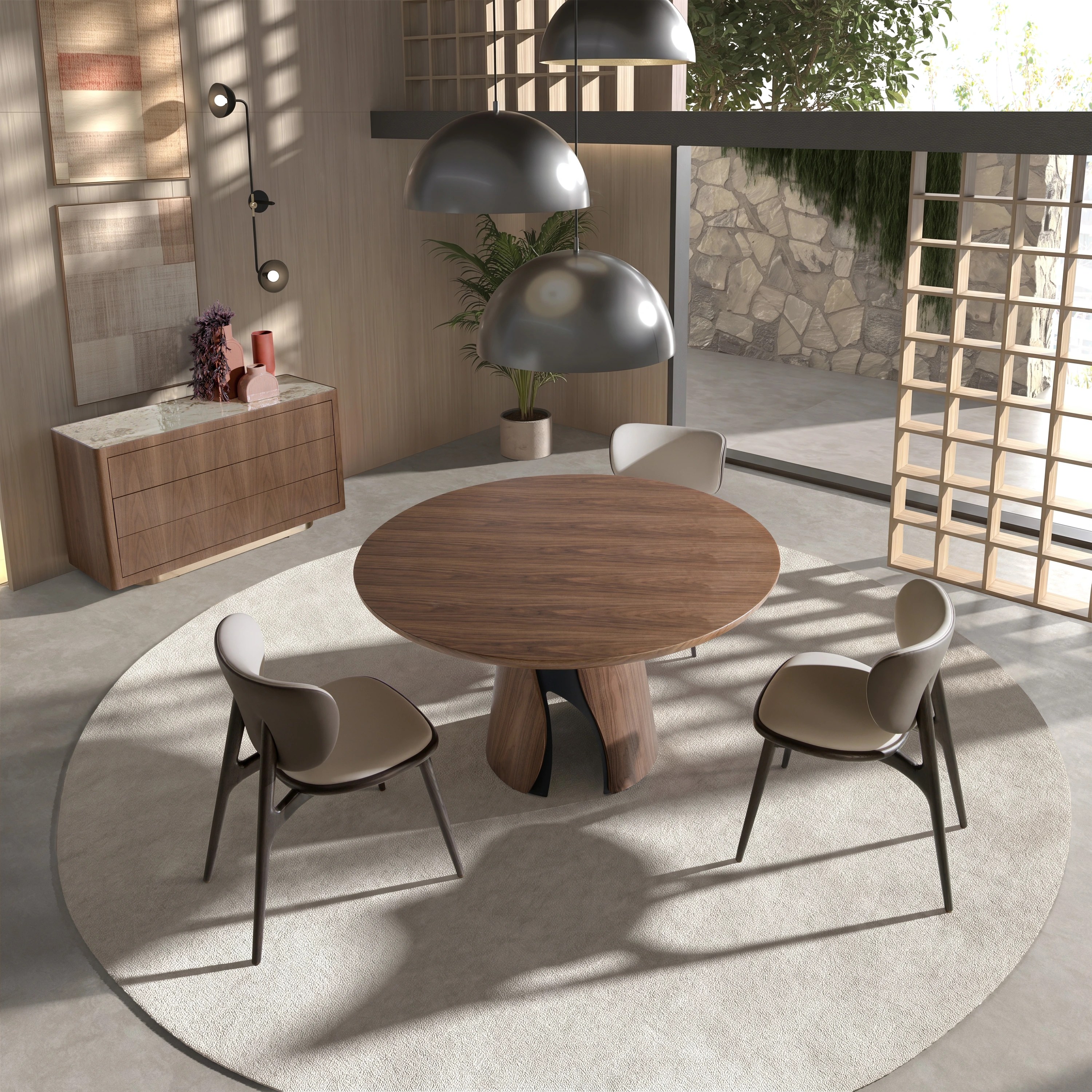 Commode en noyer, acier poli doré et plateau en marbre céramique