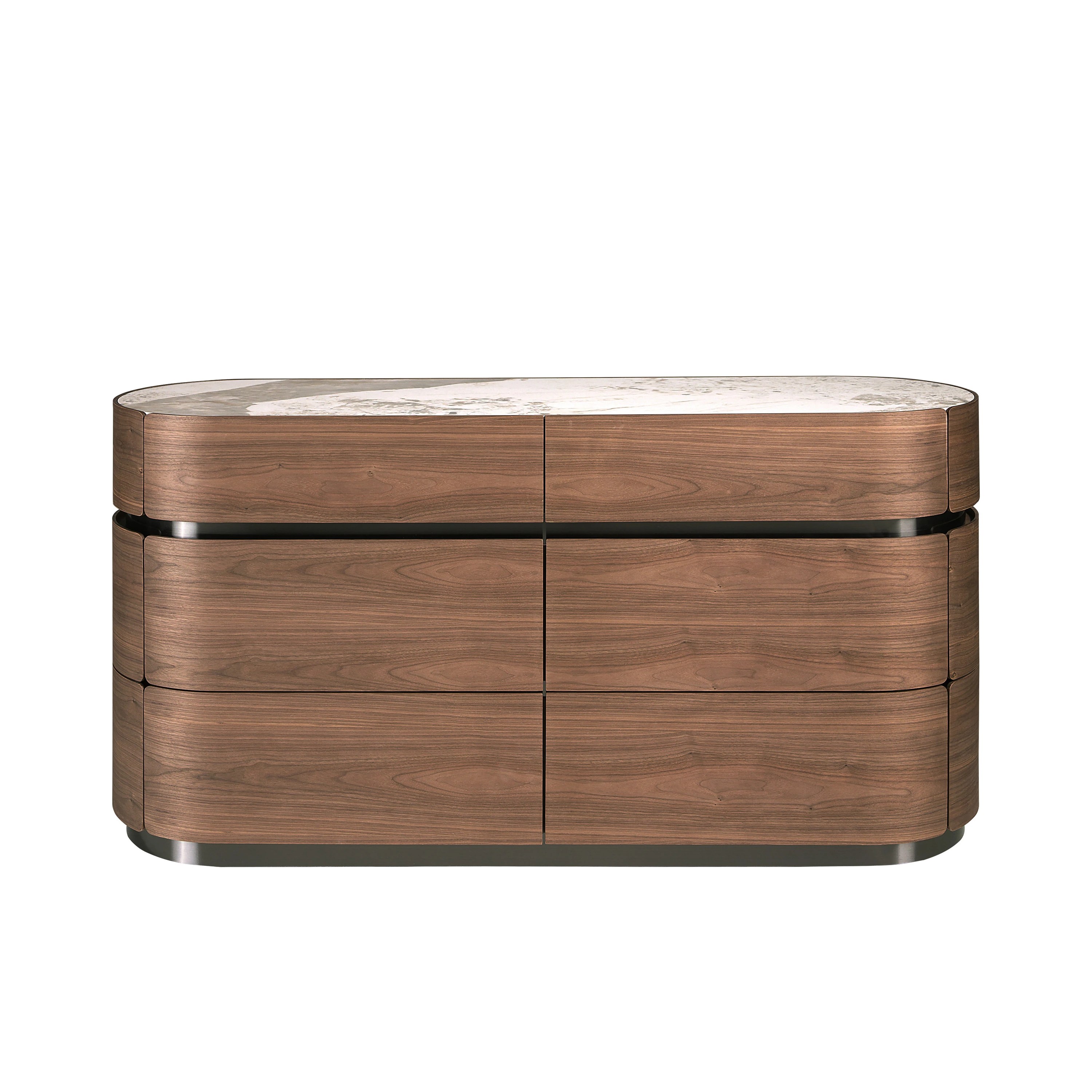 Commode en noyer, base en acier foncé et plateau en marbre céramique