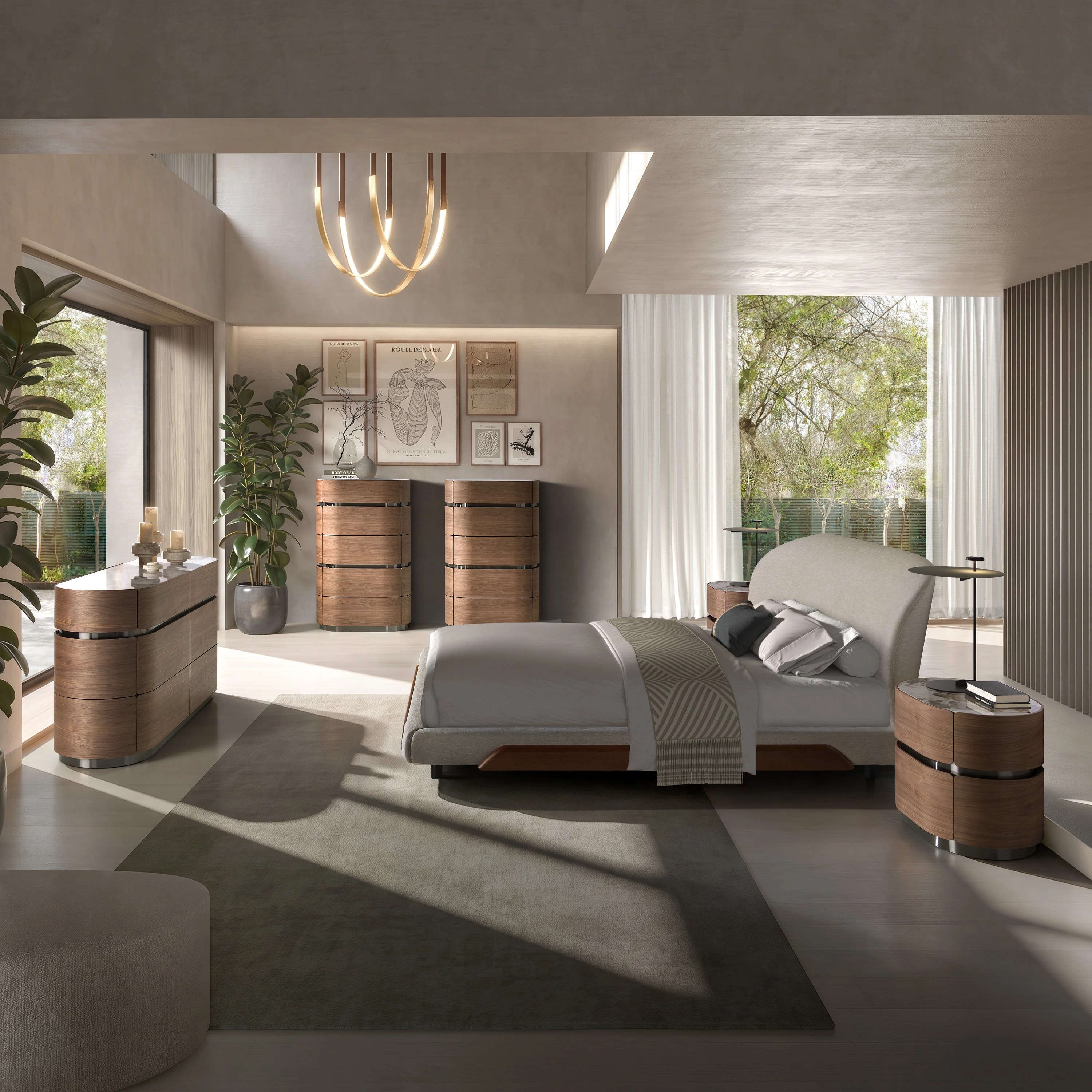 Commode en noyer, base en acier foncé et plateau en marbre céramique