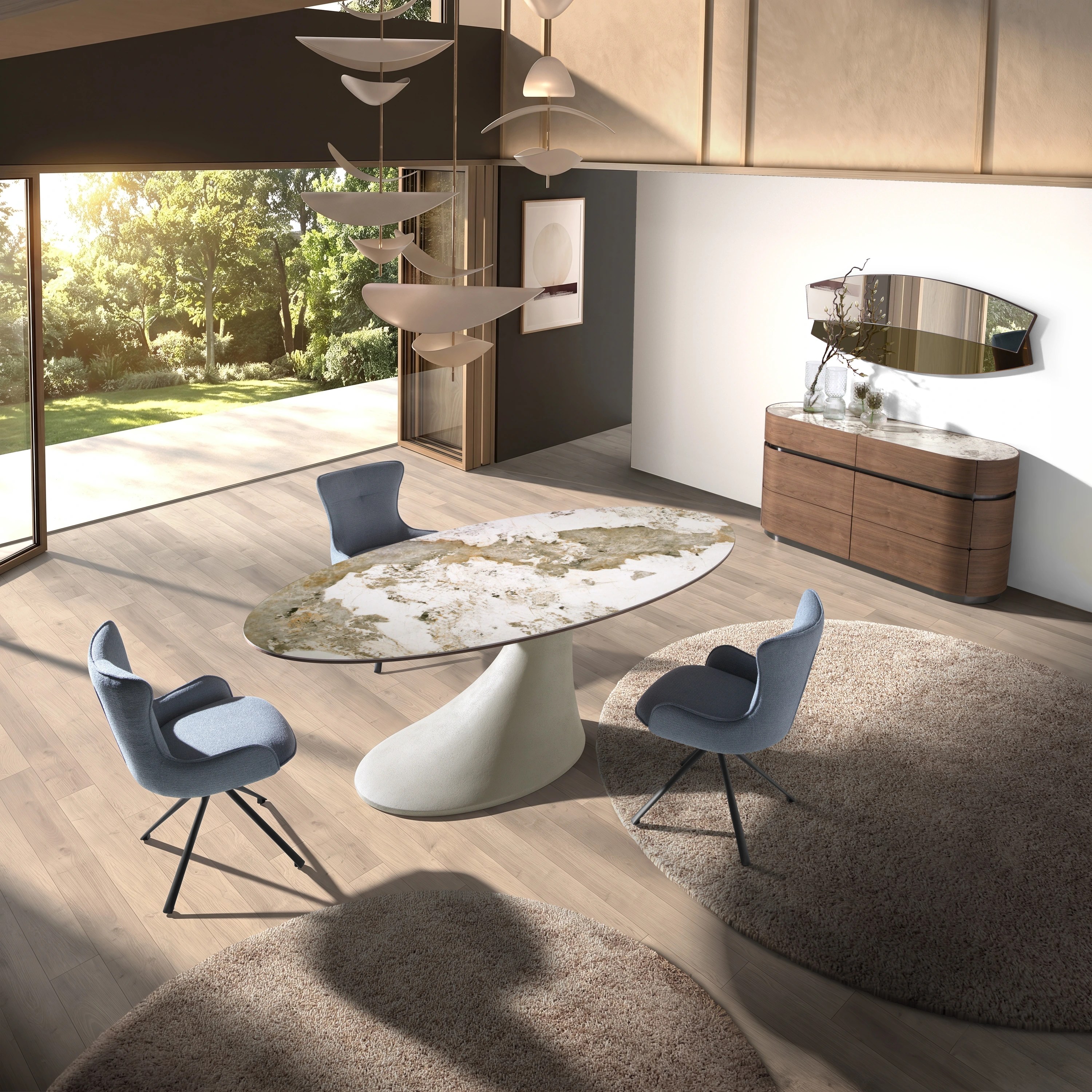 Commode en noyer, base en acier foncé et plateau en marbre céramique