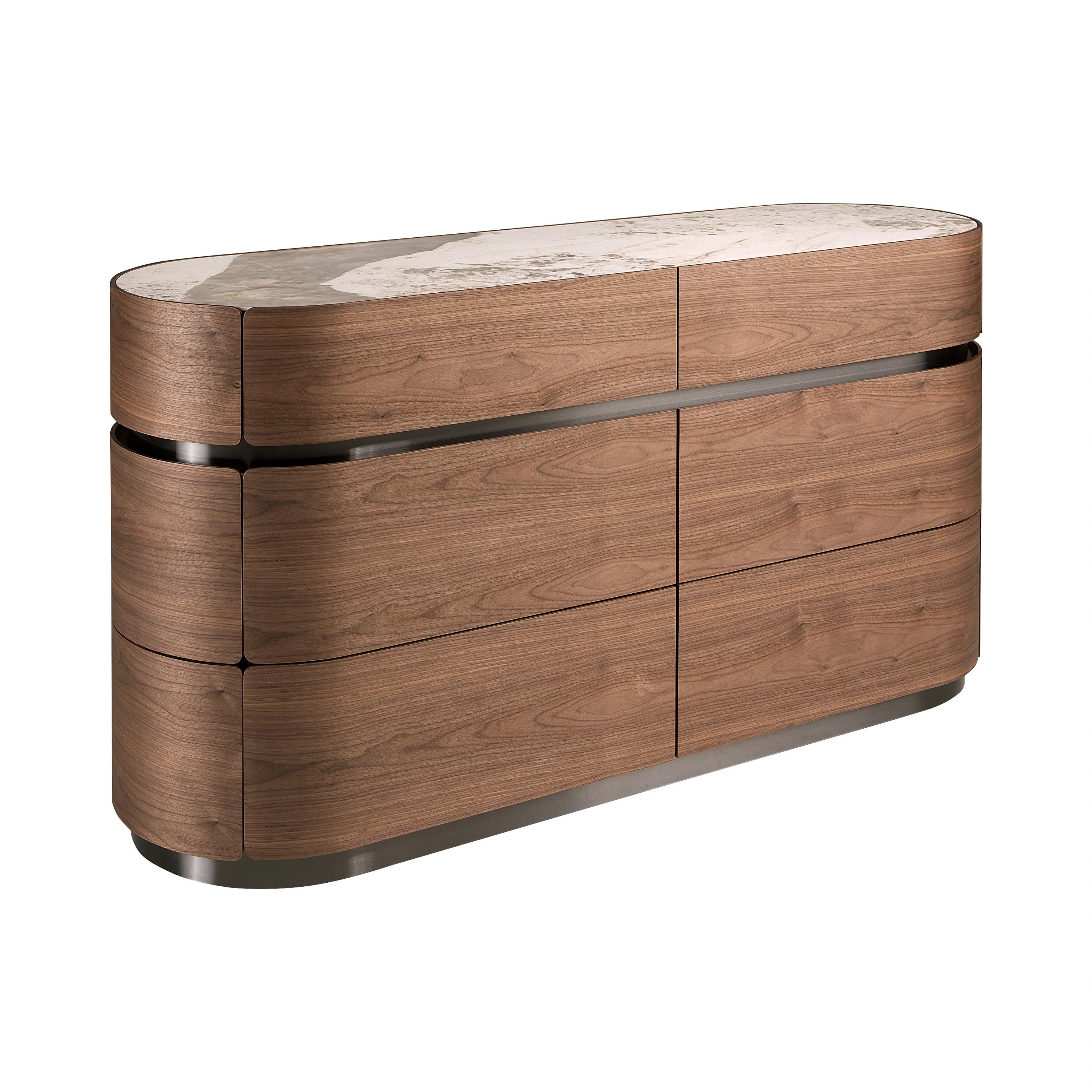 Commode en noyer, base en acier foncé et plateau en marbre céramique