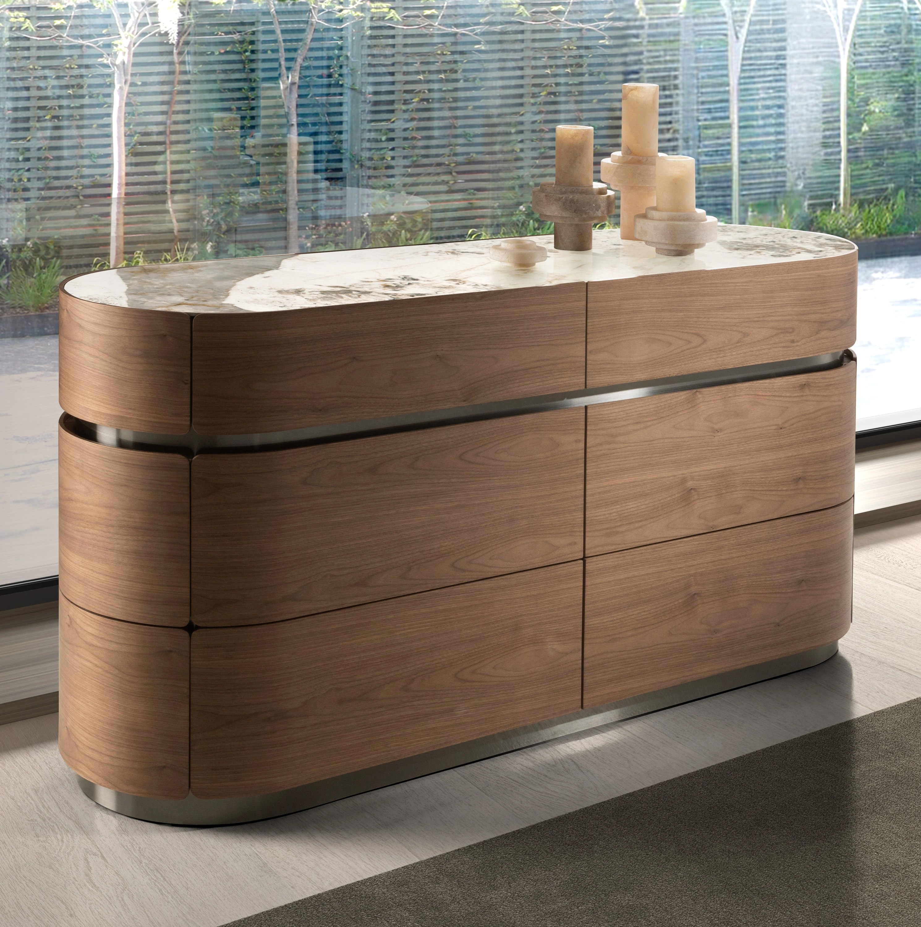Commode en noyer, base en acier foncé et plateau en marbre céramique