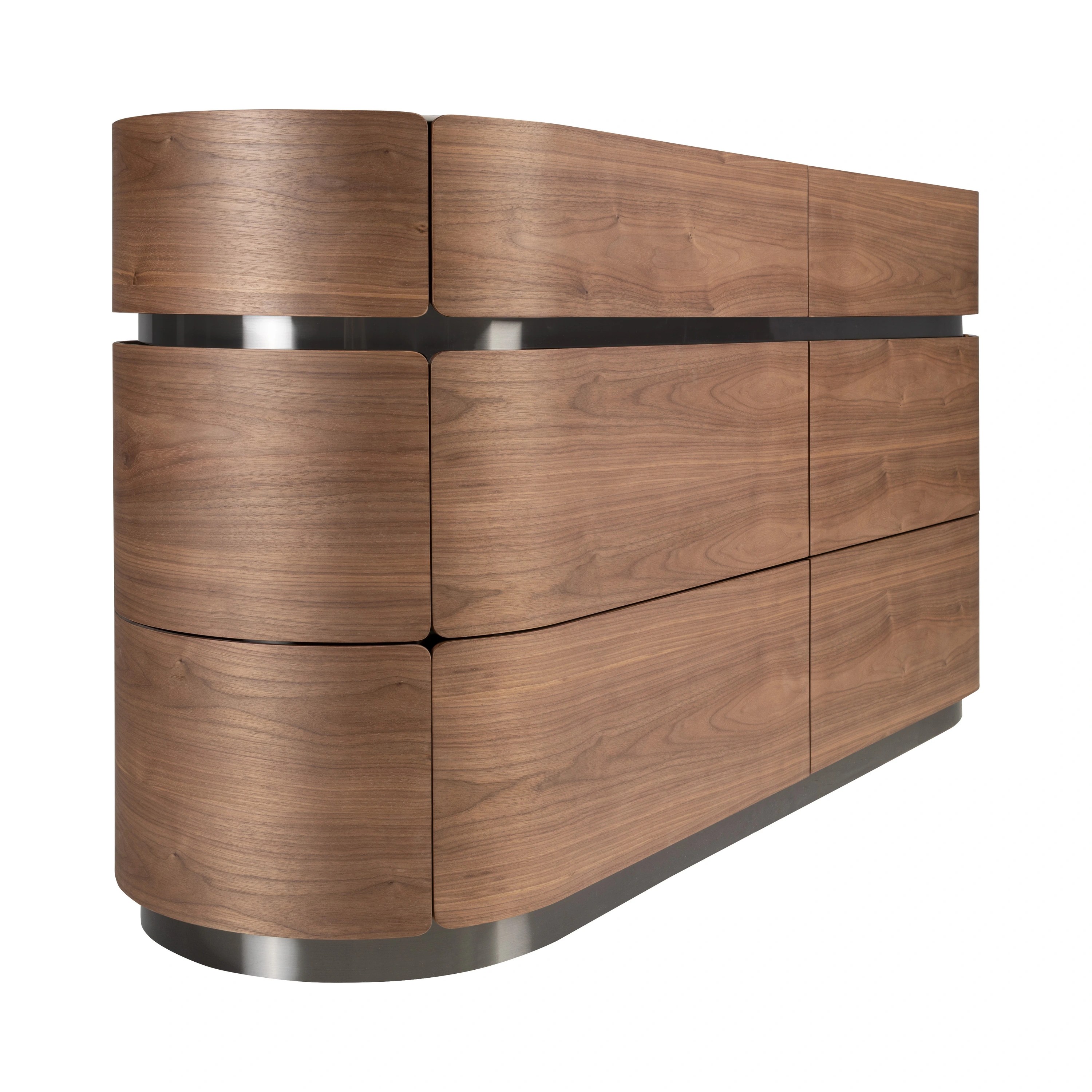Commode en noyer, base en acier foncé et plateau en marbre céramique